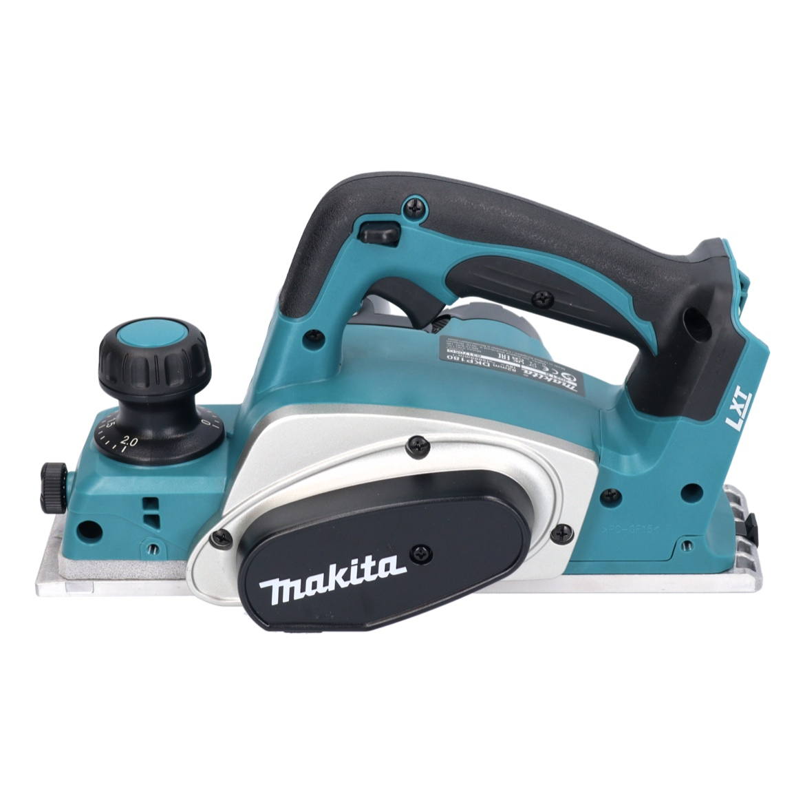 Elektrischer Makita-Hobel, türkis und silber. Mit schwarzem Griff und schwarzer Front mit Makita-Logo.