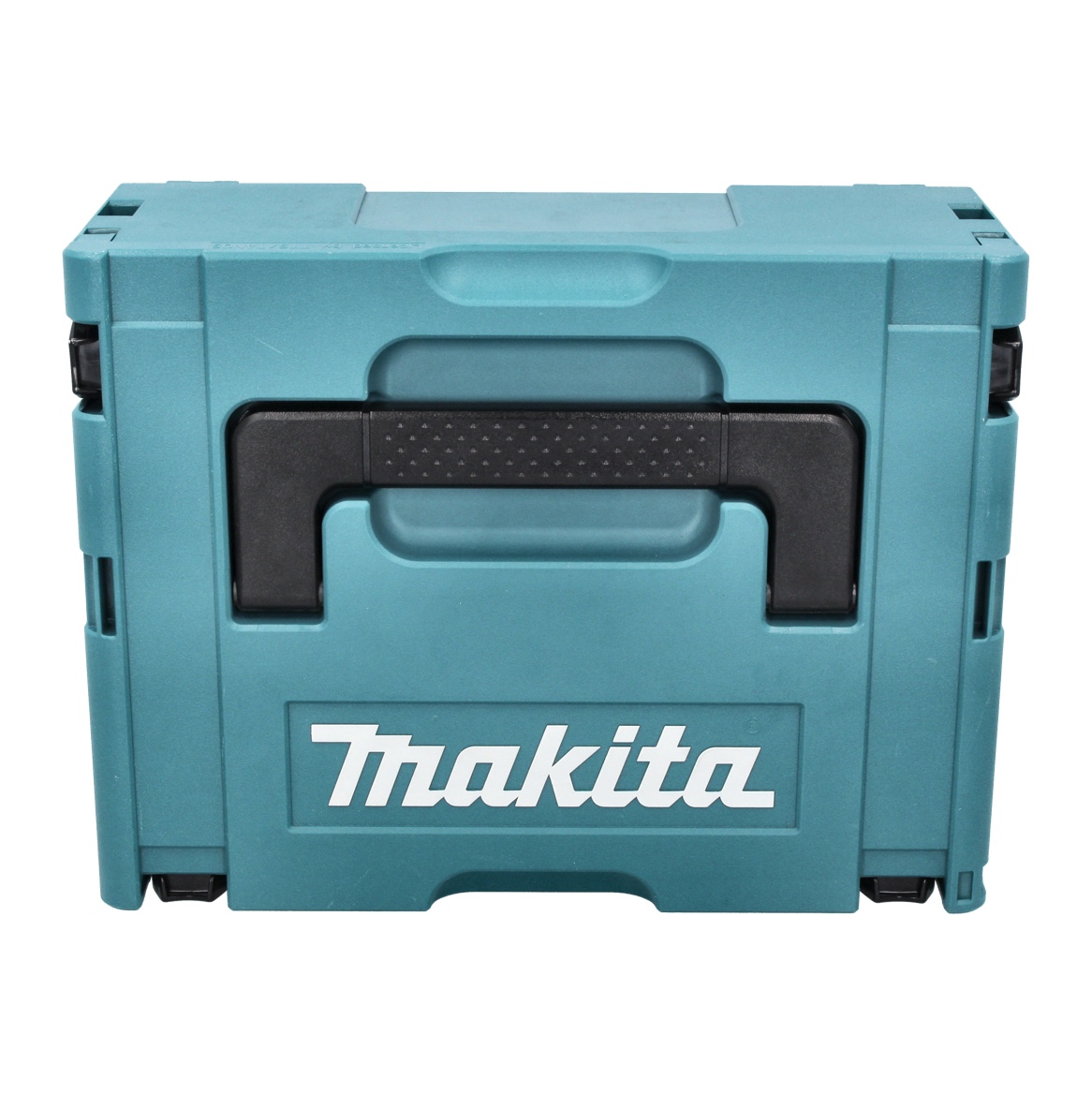 Eine türkisfarbene Makita-Werkzeugkiste mit schwarzem Griff. Das Makita-Logo ist weiß dargestellt. Der Hintergrund ist weiß.