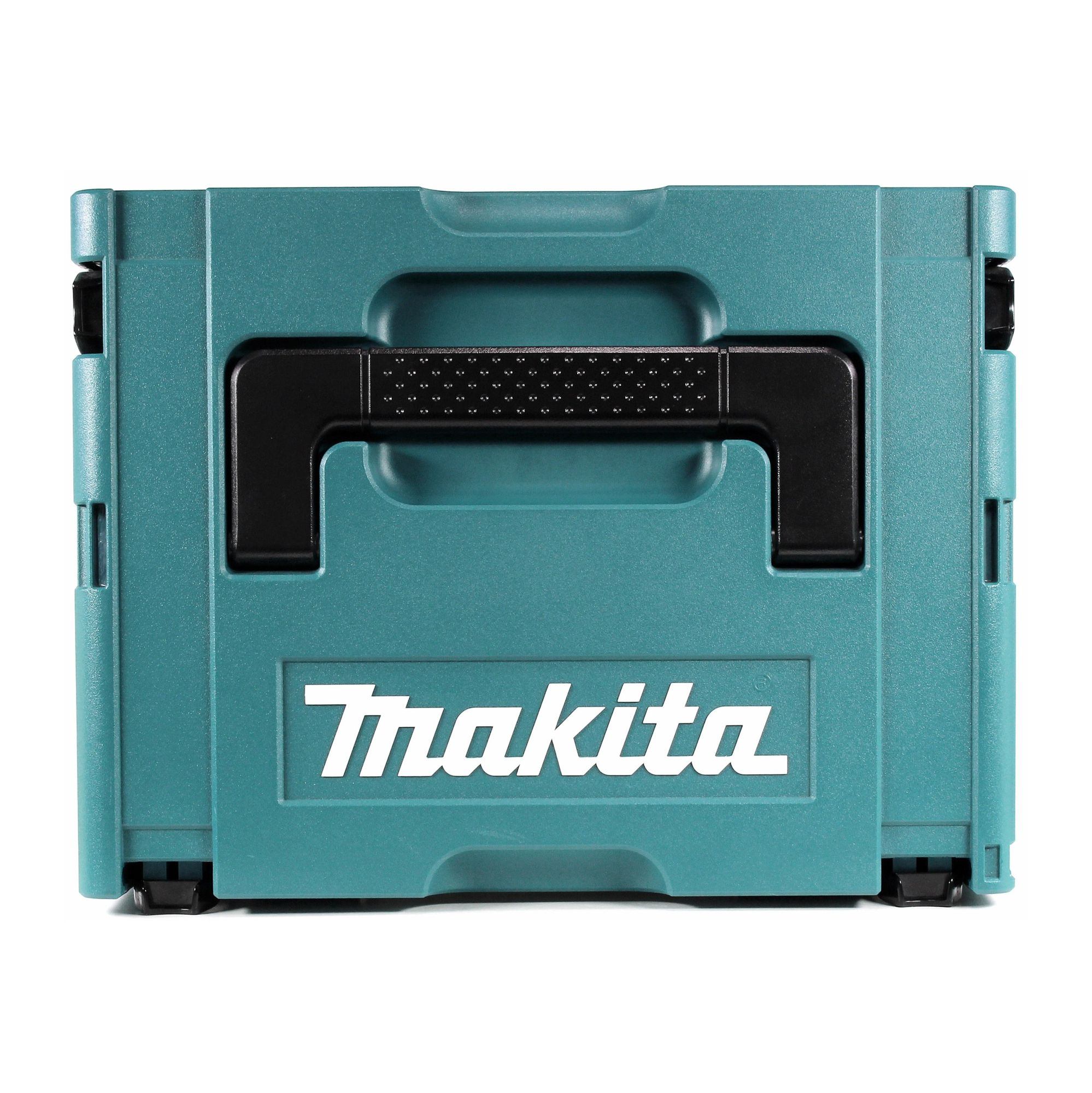 Eine teal Makita Werkzeugkiste mit schwarzem Griff und Markennamen auf der Vorderseite. Der Hintergrund ist weiß.
