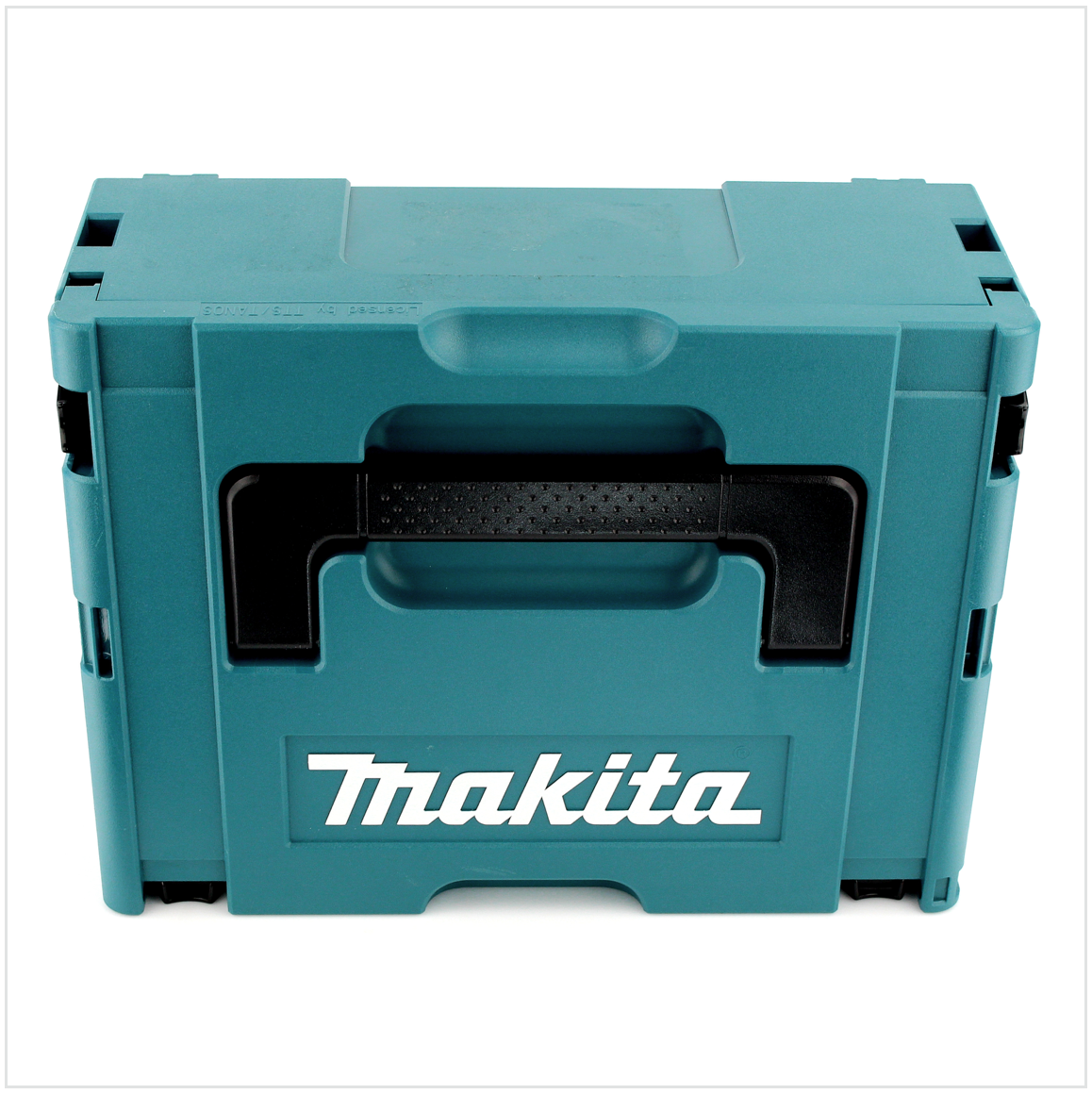 Eine teal Makita Werkzeugkiste mit schwarzem Griff. Das Makita-Logo ist sichtbar. Die Werkzeugkiste befindet sich auf weißem Hintergrund.