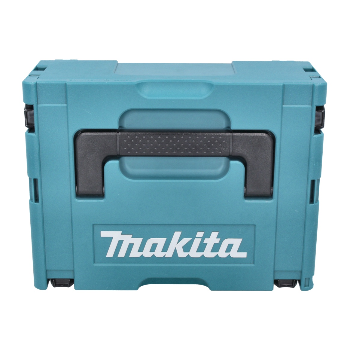 Eine türkisblaue Makita-Werkzeugkiste mit schwarzem Griff ist auf weißem Hintergrund zentriert. Das Makita-Logo ist deutlich sichtbar.