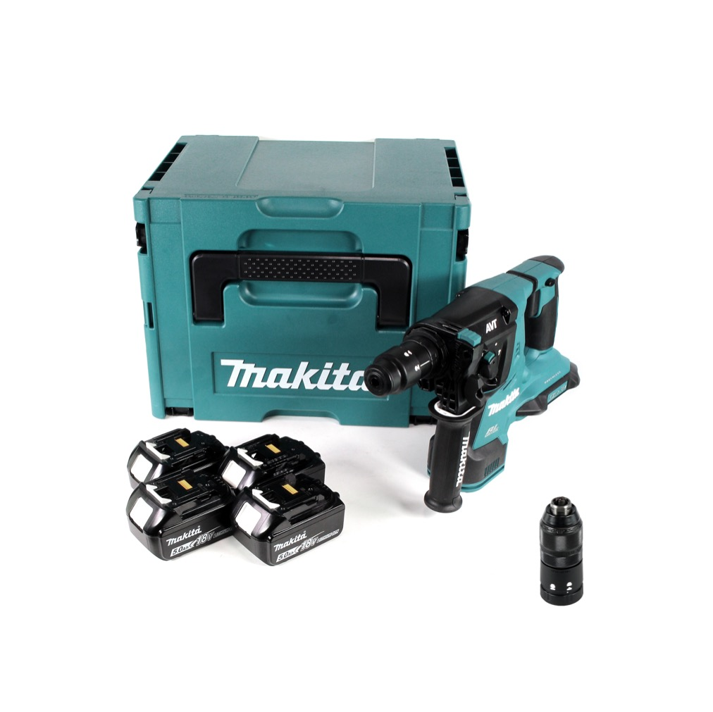 Ein teal Makita Bohrmaschinen-Set. Es enthält eine Bohrmaschine, Batterien, ein Ladegerät und einen Aufbewahrungskoffer. Alles auf weißem Hintergrund.