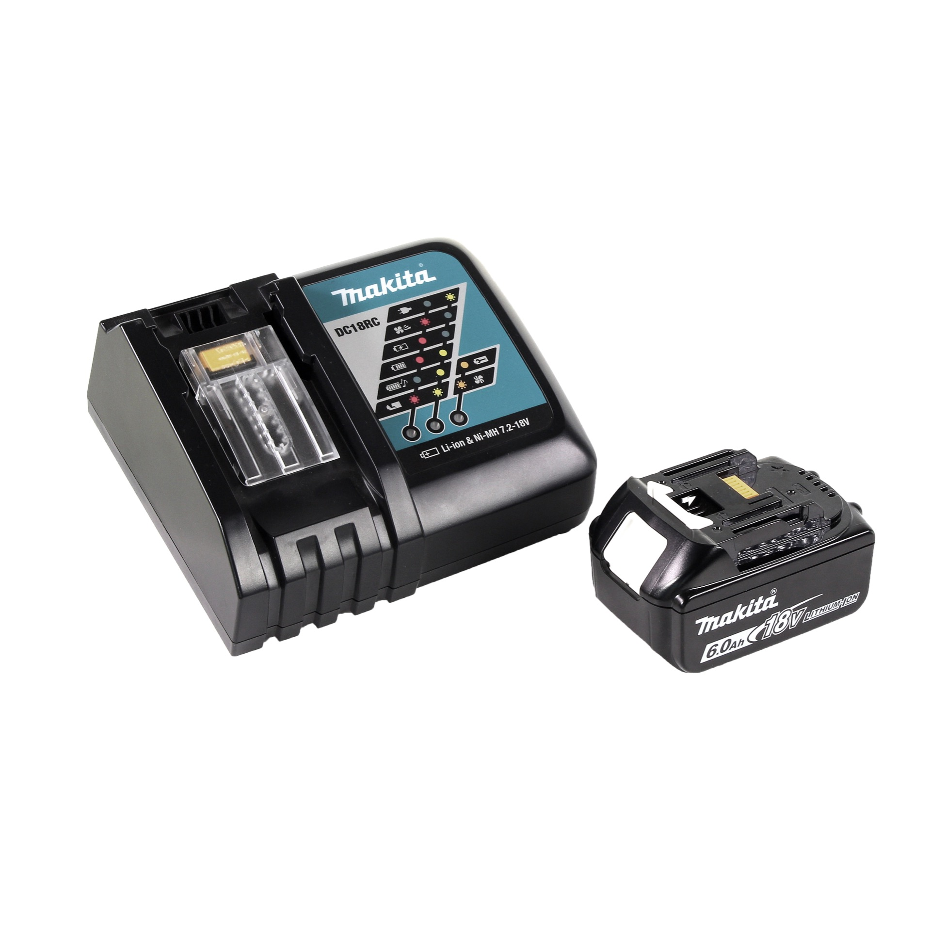 Ein schwarzes Makita-Batterieladegerät (DC18RC) und ein abnehmbarer schwarzer Makita 18V-Akku auf weißem Hintergrund.