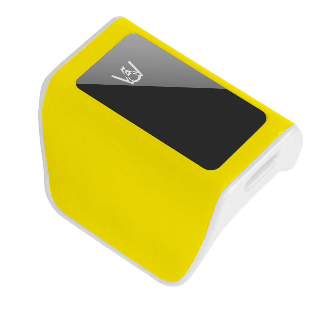 Un dispositivo giallo e bianco. Ha uno schermo nero con un logo. Il design è curvo con base bianca.