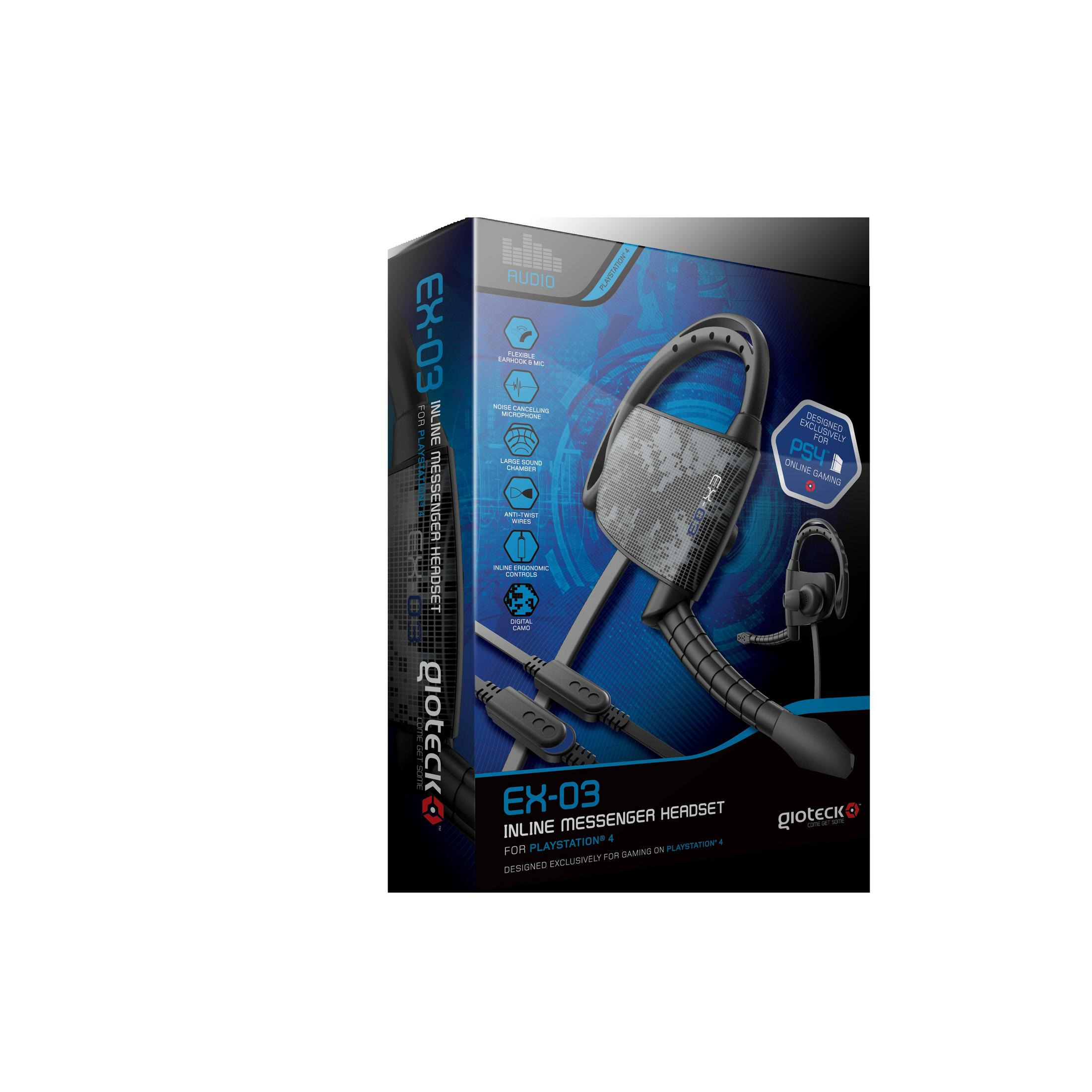 Una scatola per cuffie con il prodotto EX-03 Inline Messenger Headset per Playstation 4. L'auricolare è visibile sulla scatola.