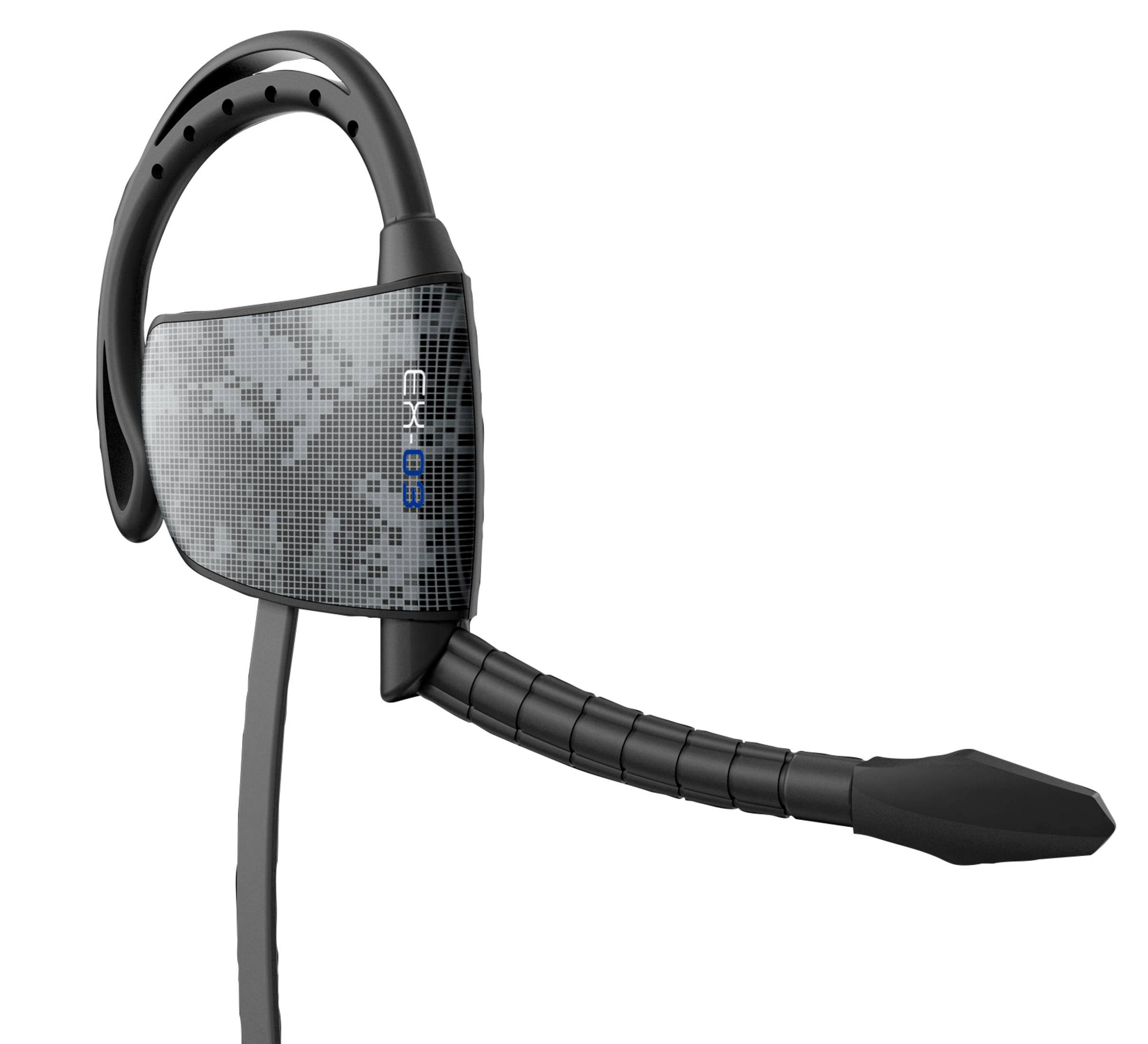 Un auricolare nero e grigio. Ha un anello per l'orecchio, un microfono e un design a motivi sull'altoparlante.