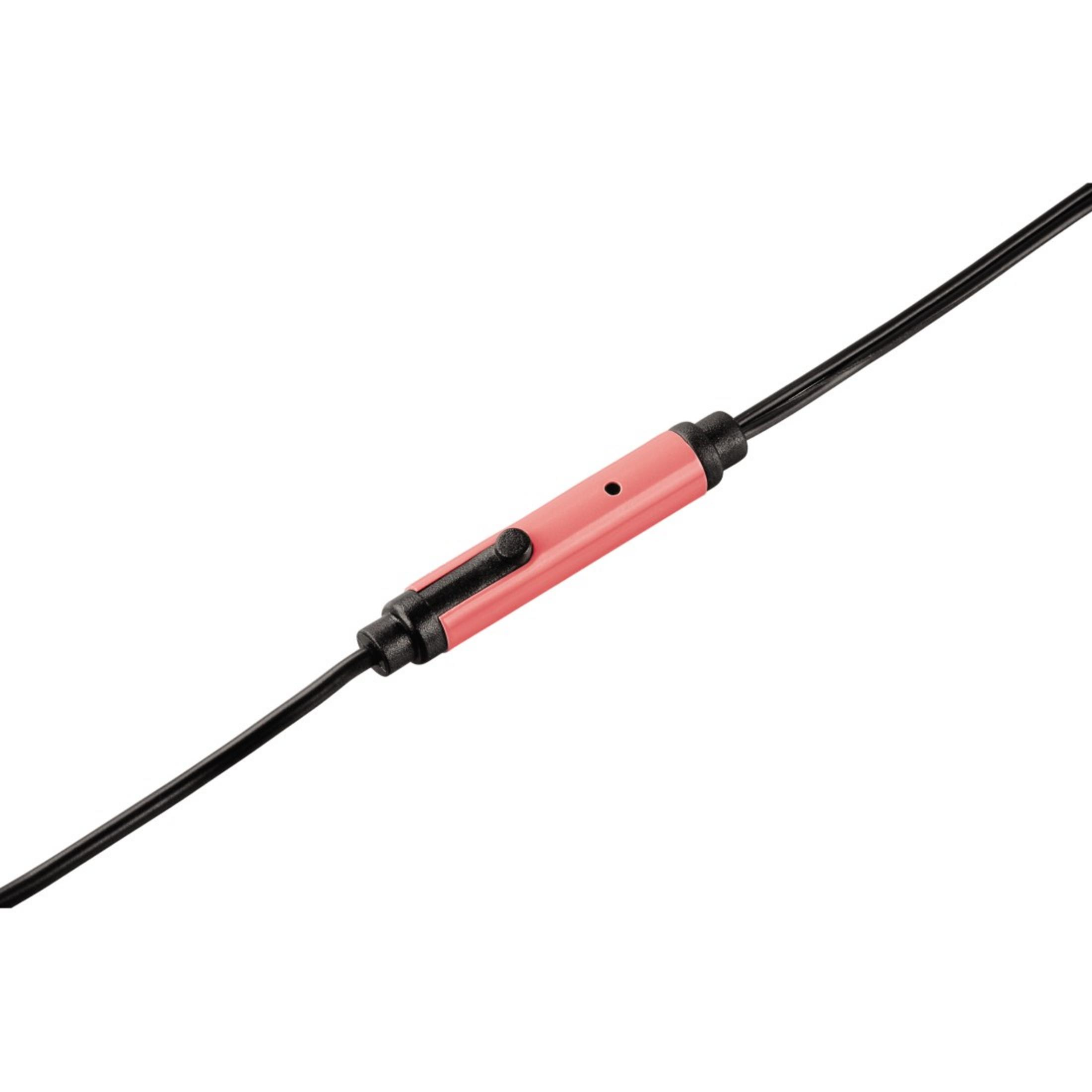 A pink and black device with two black wires extending from its ends. It has a button on the top.