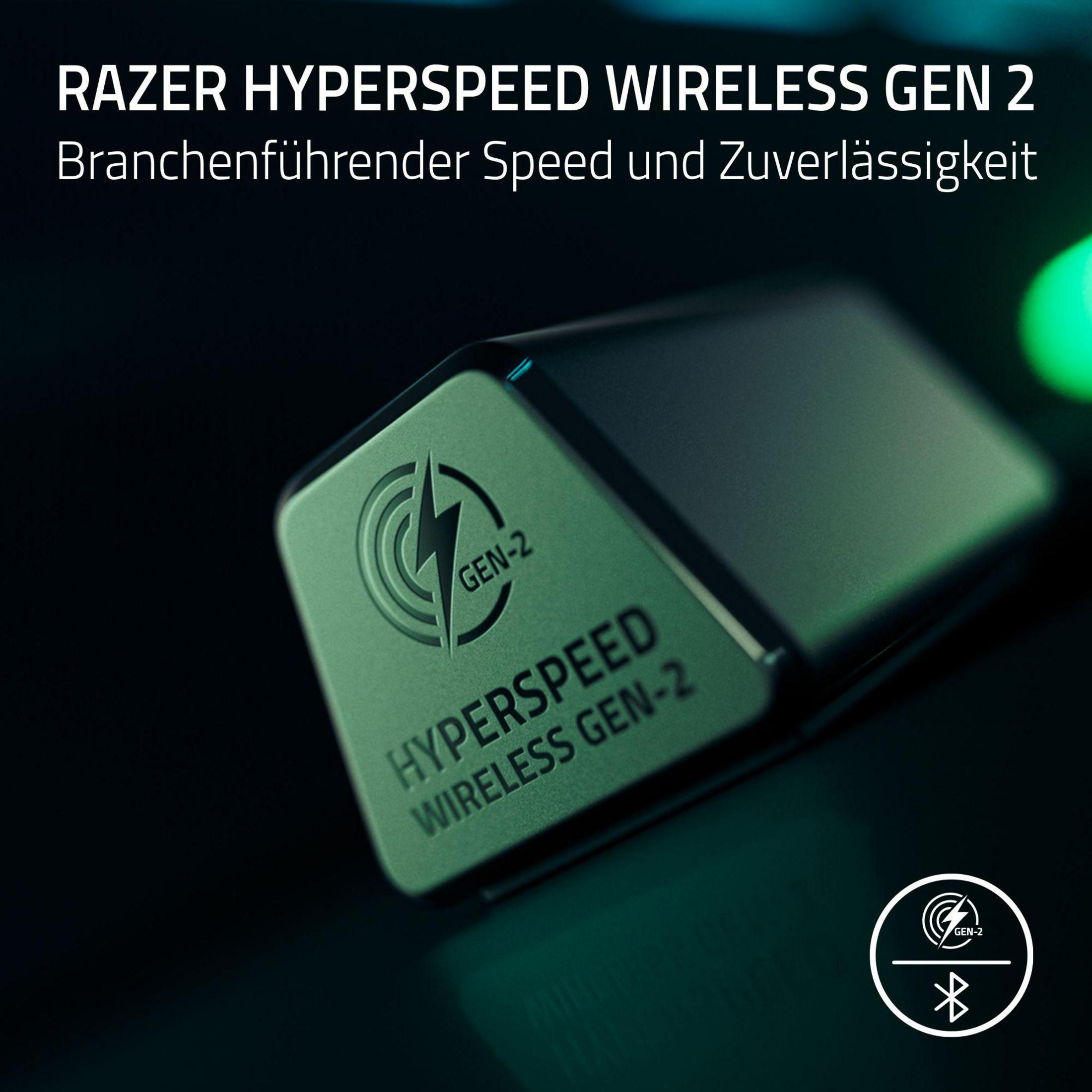 Zbliżenie urządzenia Razer HyperSpeed Wireless Gen 2. Zielone z logo błyskawicy i tekstem.