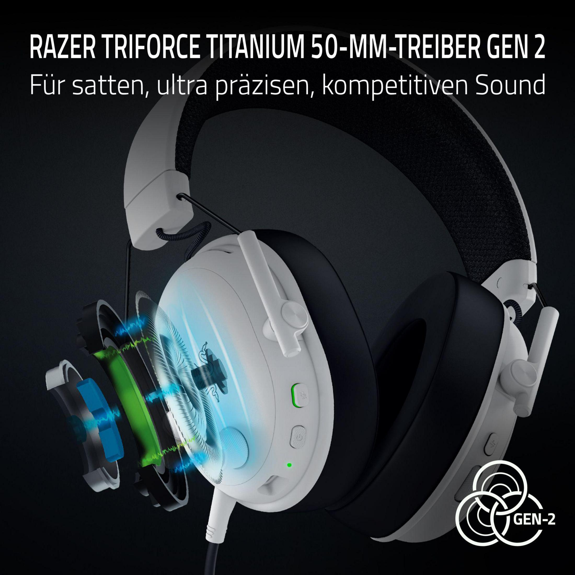 Biały zestaw słuchawkowy Razer Triforce. Zawiera przetworniki 50 mm i technologię Gen-2 na czarnym tle.