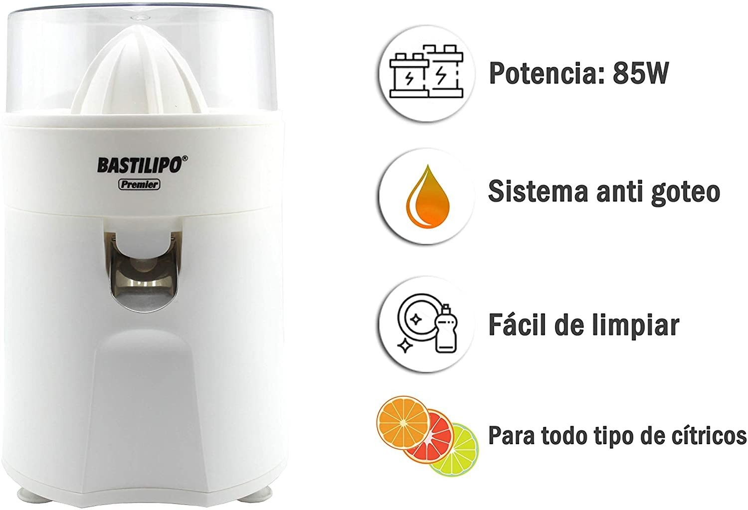Exprimidor de cítricos blanco con tapa transparente. Incluye 85W de potencia, sistema antigoteo, fácil limpieza y para todo tipo de cítricos.