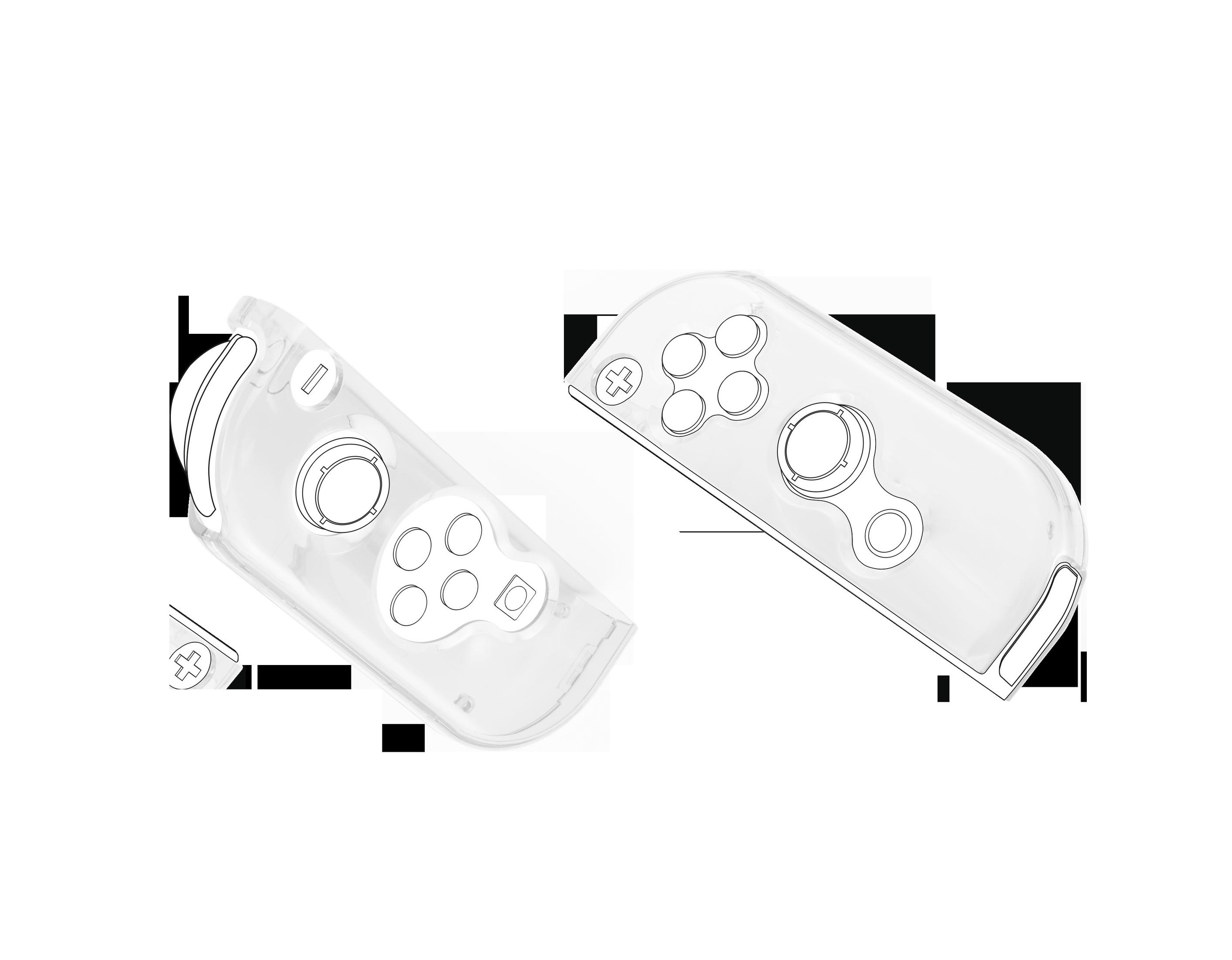 Zwei durchsichtige Kunststoffschalen für Switch-Controller mit Umrissen von Tasten und Sticks. Eine links, eine rechts.