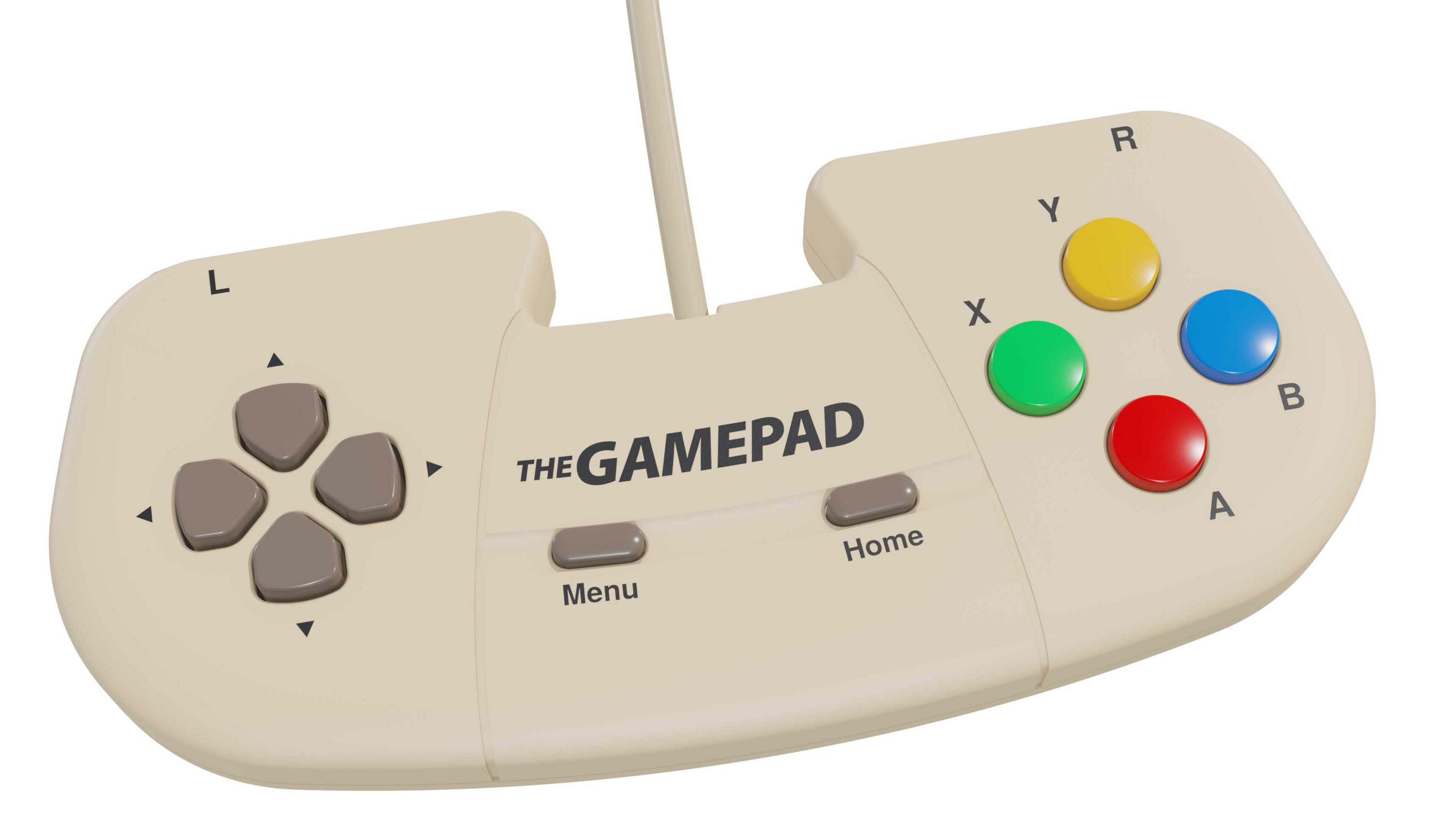 Cremefarbenes Gamepad mit Tasten: L, Menü, Home, R, Y (gelb), X (grün), B (blau), A (rot) und ein Steuerkreuz.