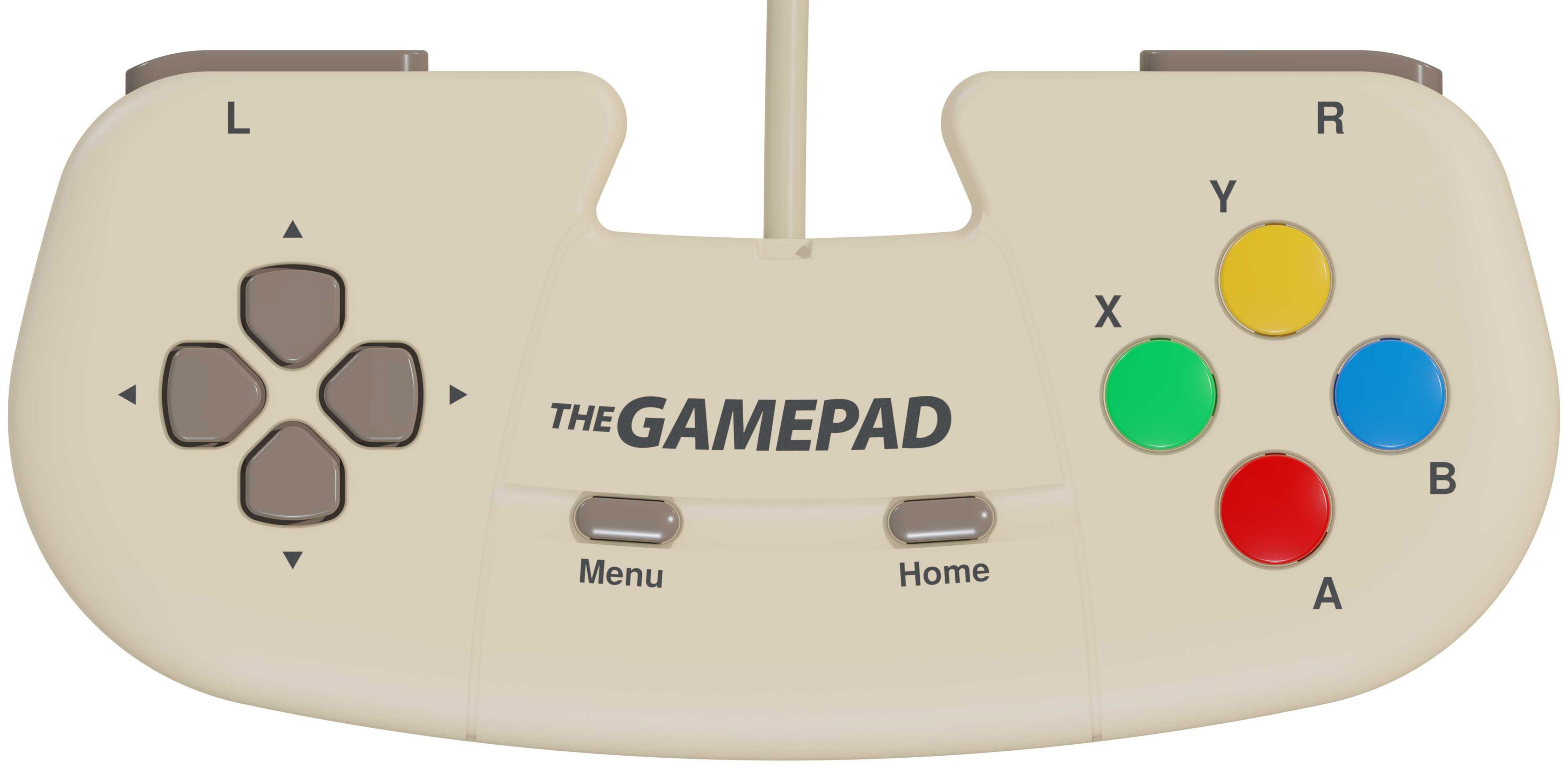 Ein cremefarbenes Gamepad mit Tasten: Richtungstasten, X, Y, A, B, Menü, Home. Buchstaben L und R. Der Text Gamepad steht in der Mitte.