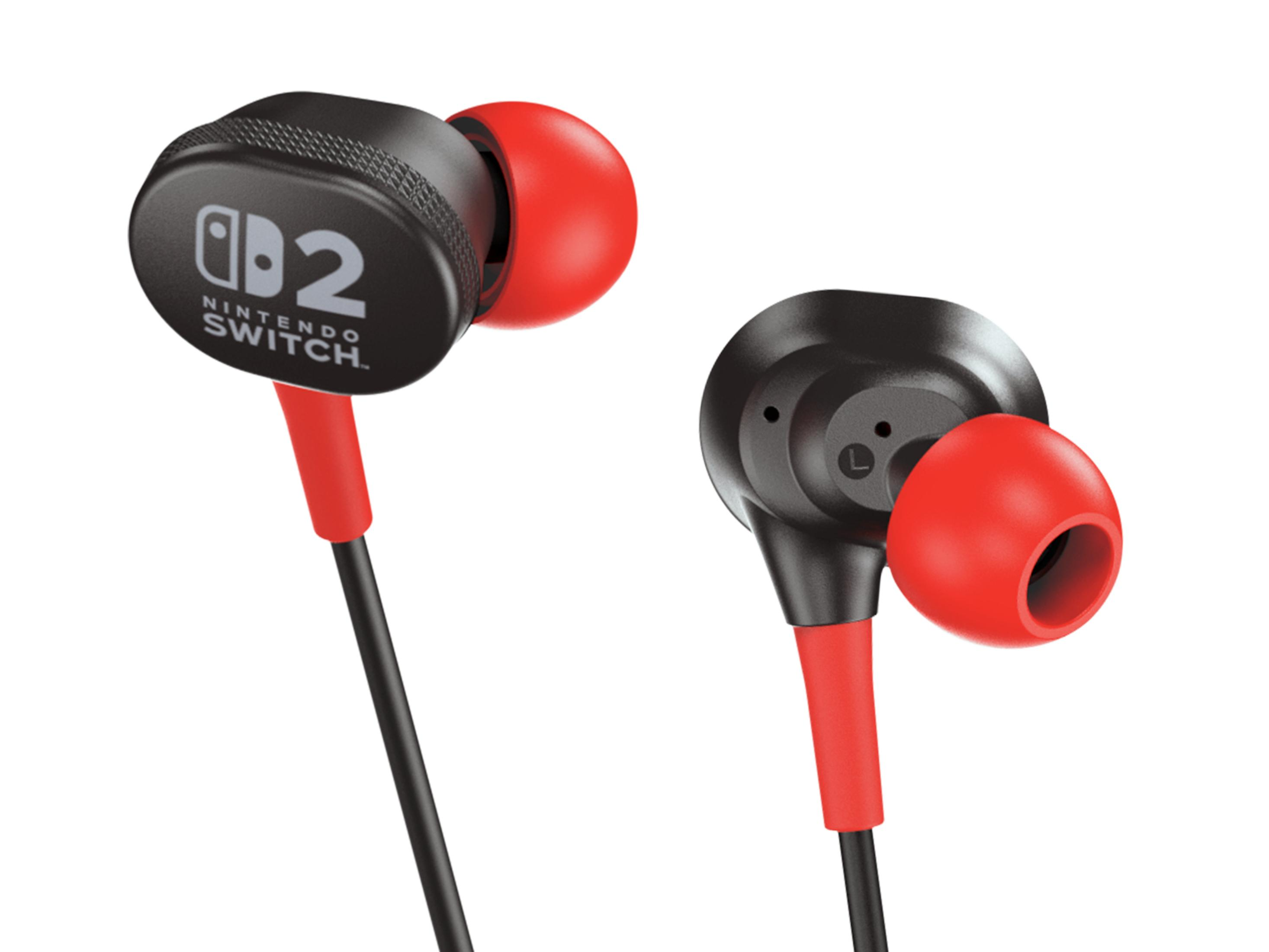 Dwa słuchawki Nintendo Switch. Czarno-czerwony design. Słuchawki mają logo Nintendo Switch.