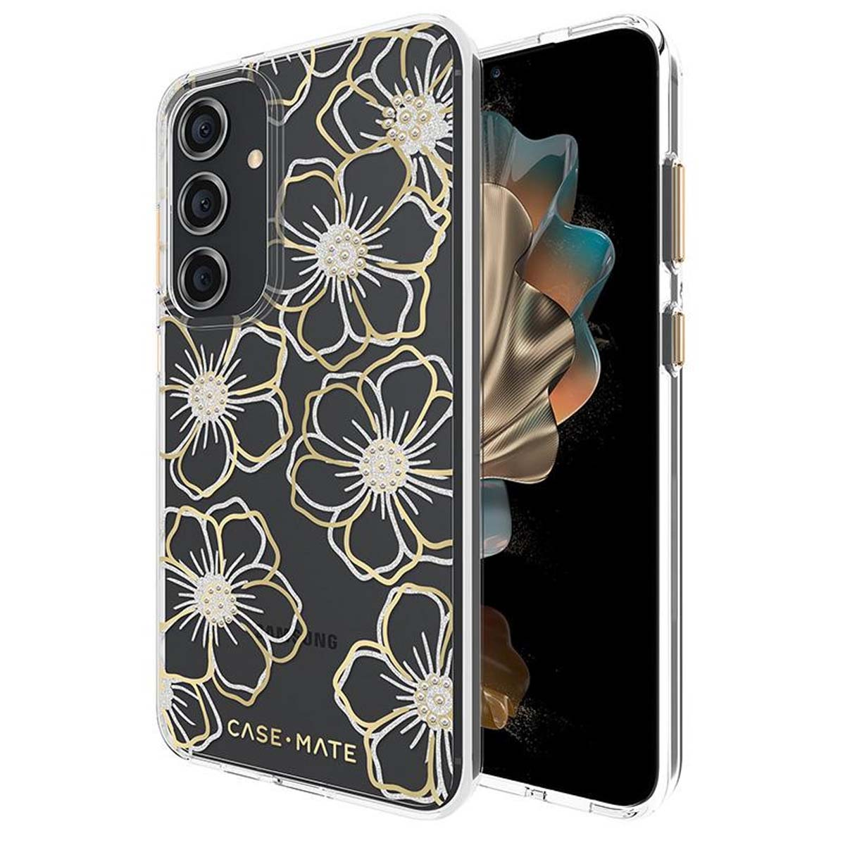 Custodia trasparente per telefono con sfondo nero. Design floreale in oro e bianco. Schermo del telefono visibile a destra.