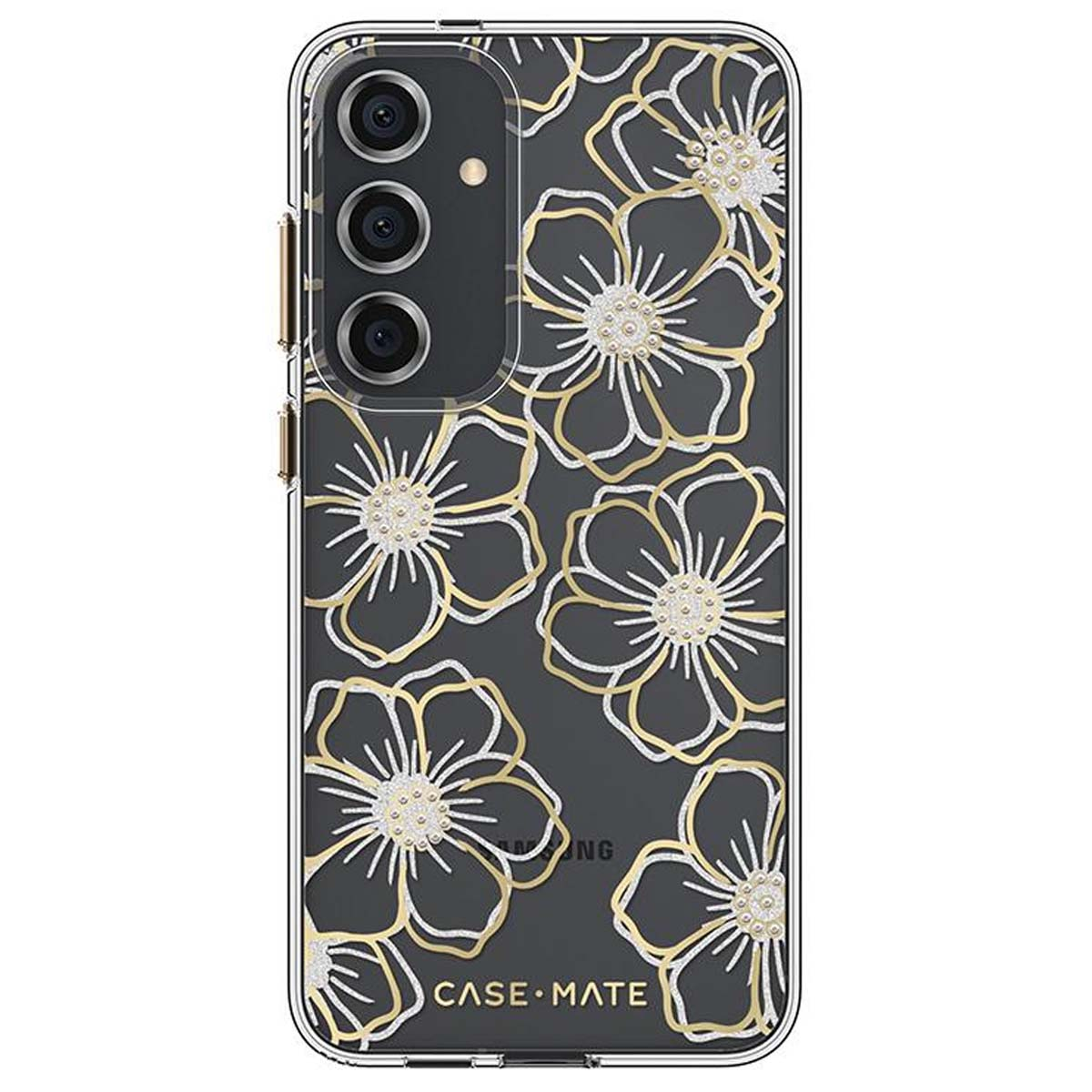 Custodia trasparente per telefono con design floreale oro e bianco. Sfondo nero. Logo Case-Mate in basso. Telefono Samsung.