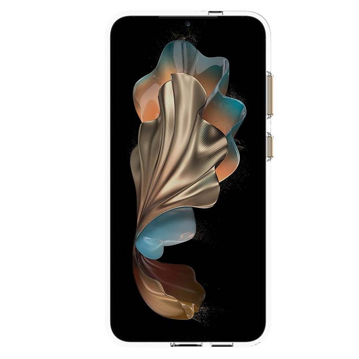 Uno smartphone con custodia trasparente. Lo schermo mostra forme astratte in oro, arancione e blu su sfondo nero.