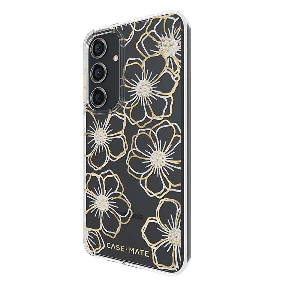 Una custodia per telefono con un design floreale. Sfondo nero con contorni di fiori dorati e bianchi. Il marchio Case-Mate è visibile.