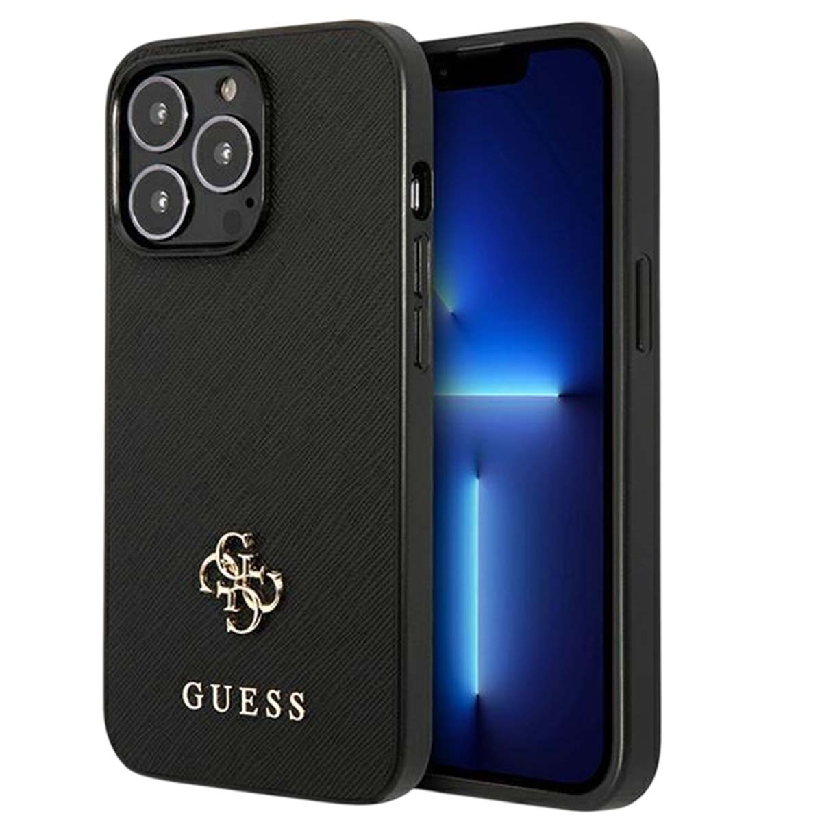 Custodia per telefono nera con logo Guess e un iPhone. Lo schermo del telefono è acceso. La custodia ha una superficie strutturata.