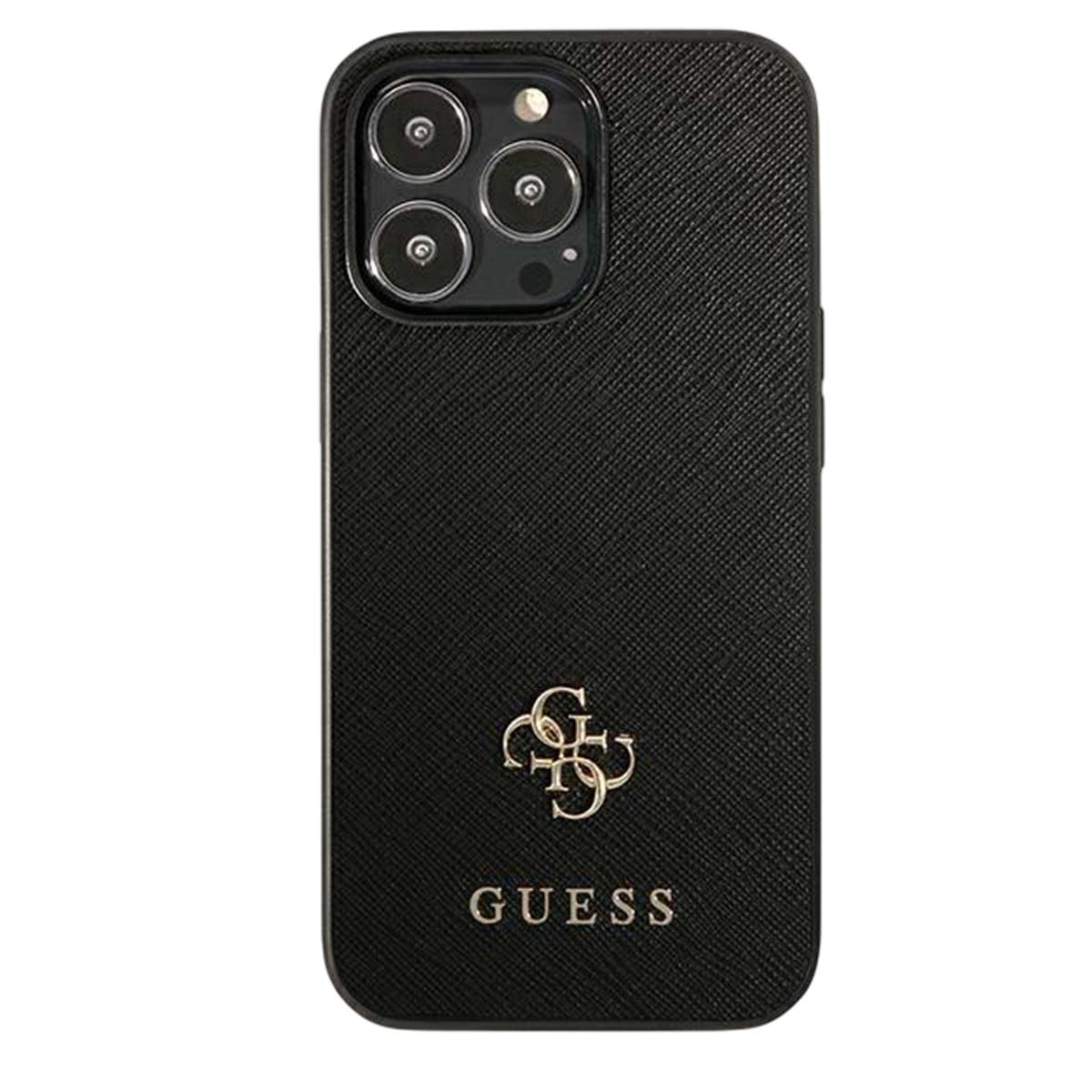 Custodia per telefono Guess nera. Presenta ritagli per la fotocamera in alto. Il logo e il testo Guess sono dorati in basso.