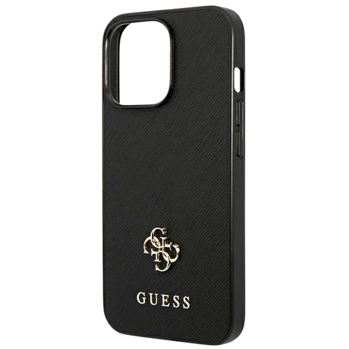 Una custodia nera per telefono con il logo Guess in oro. Ha un ritaglio per la fotocamera e pulsanti laterali.