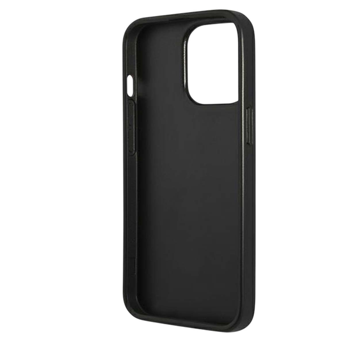 Una custodia per telefono nera con ritaglio per fotocamera e pulsanti laterali è esposta su sfondo bianco. La custodia è vuota.