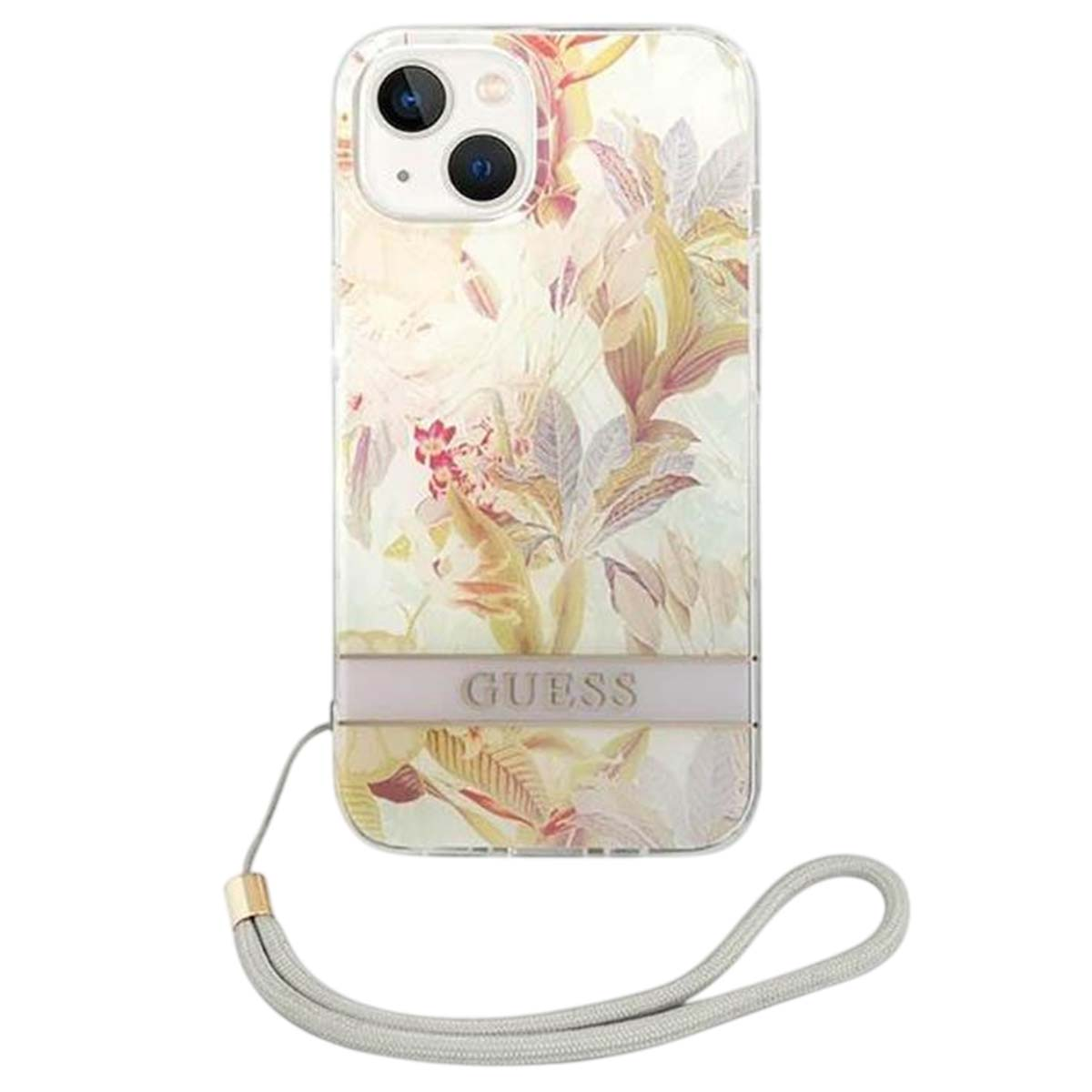 Una custodia per telefono con un design floreale e il logo Guess. Ha un cordino. Colori: bianco, beige, rosa e giallo.