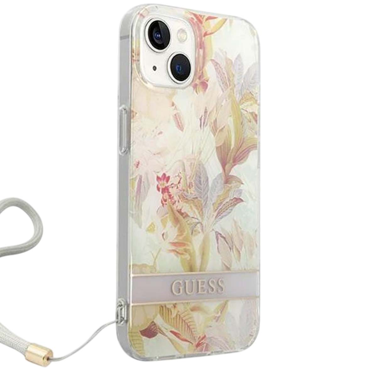 Custodia trasparente per telefono con design floreale e logo Guess. Presenta un cordino grigio con chiusura dorata. Telefono con doppia fotocamera.