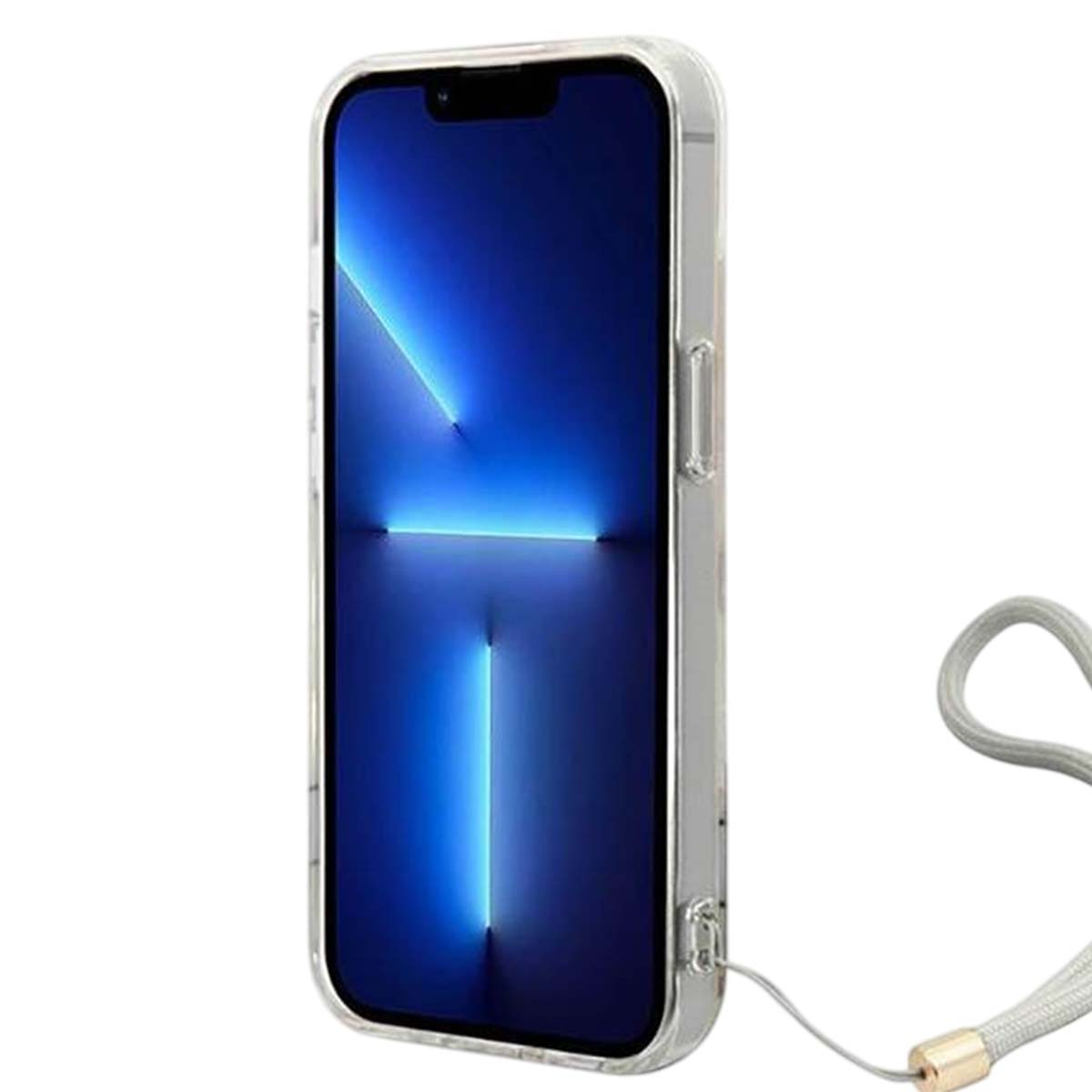 Un iPhone in una custodia trasparente con schermo blu. È attaccato un cordino grigio. Lo sfondo è bianco.
