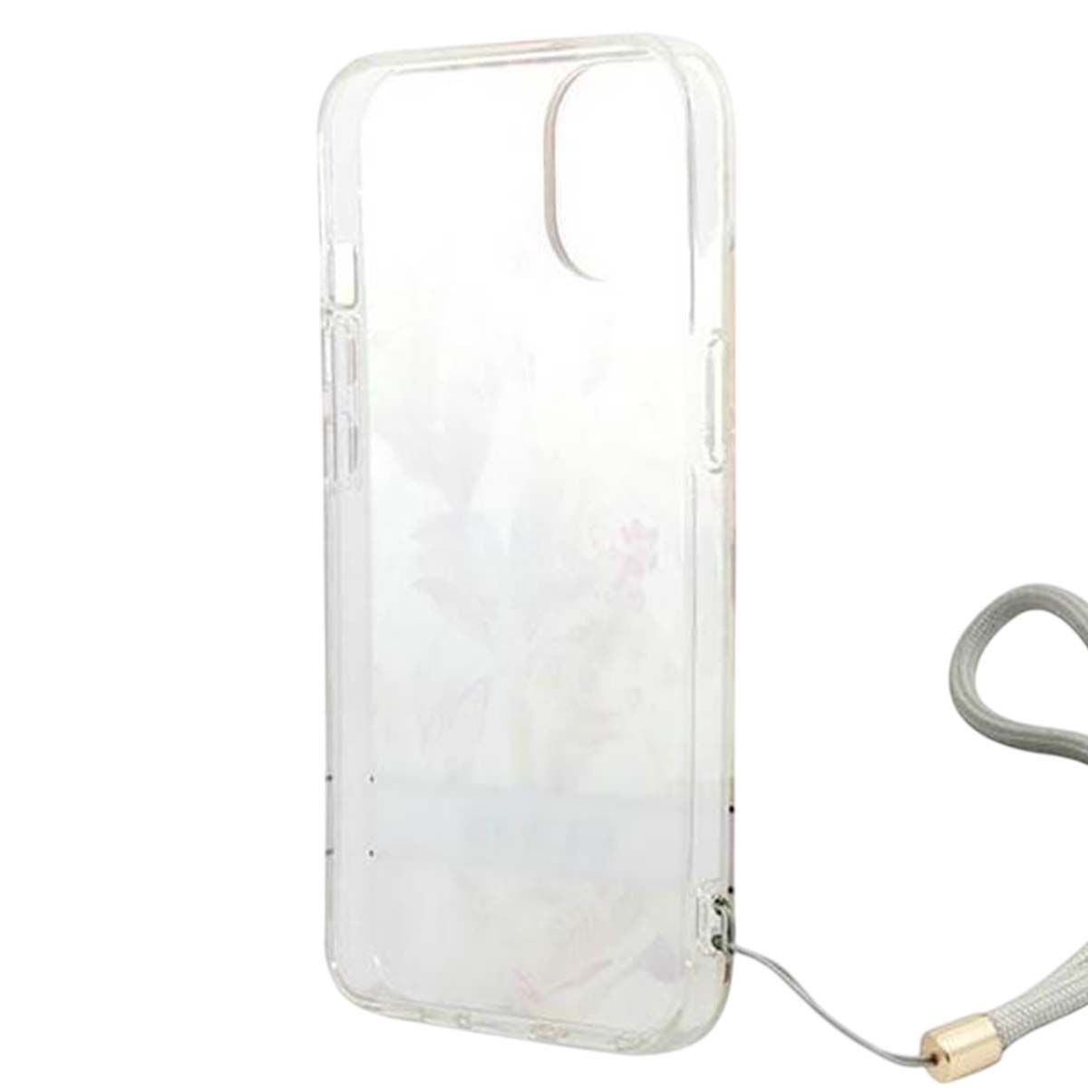 È visibile una custodia trasparente per telefono con un motivo floreale. Un cordino grigio è attaccato. Lo sfondo è bianco.