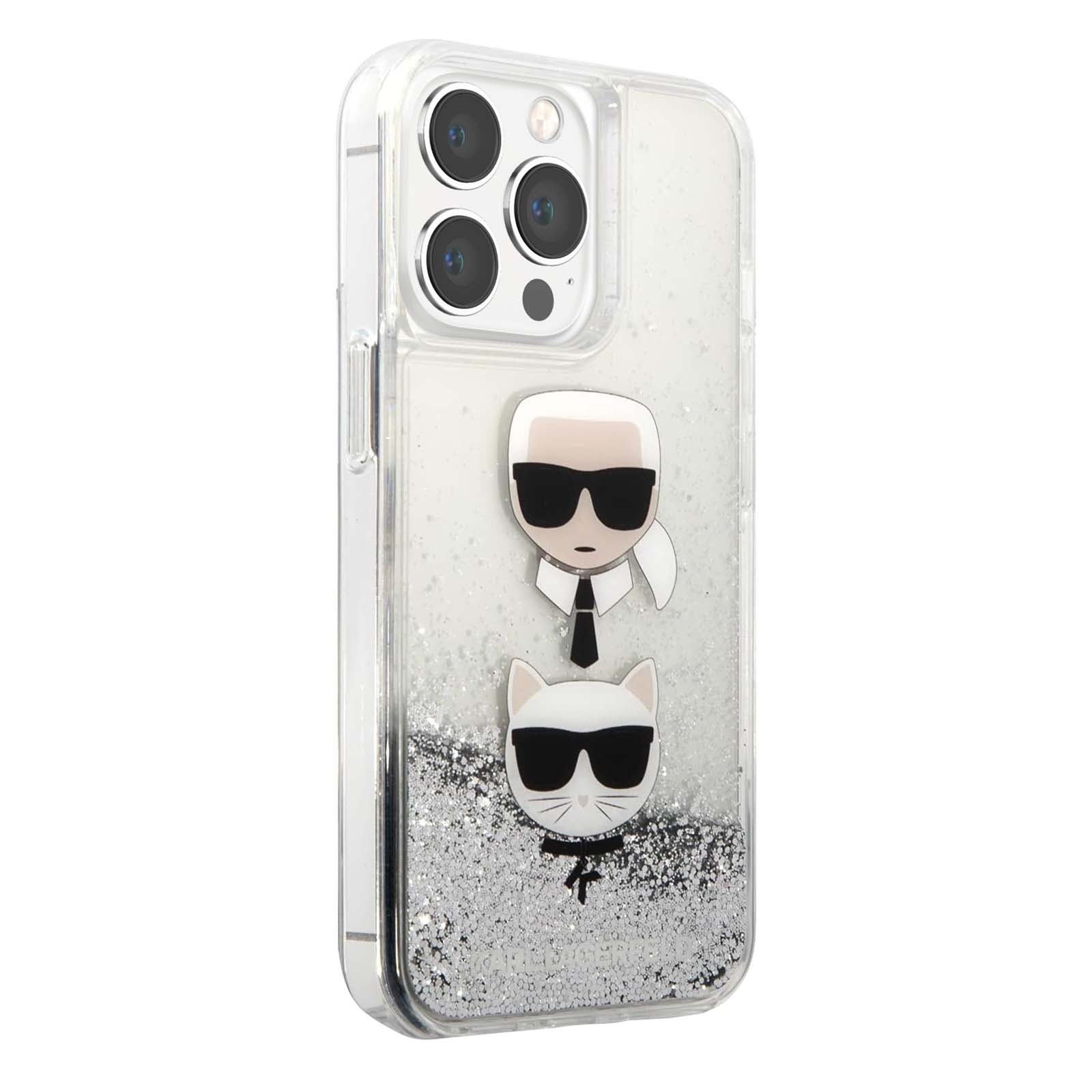 Transparente Handyhülle mit Karl Lagerfeld und Katzengrafiken. Glitzer unten. Telefonkameras sind sichtbar.