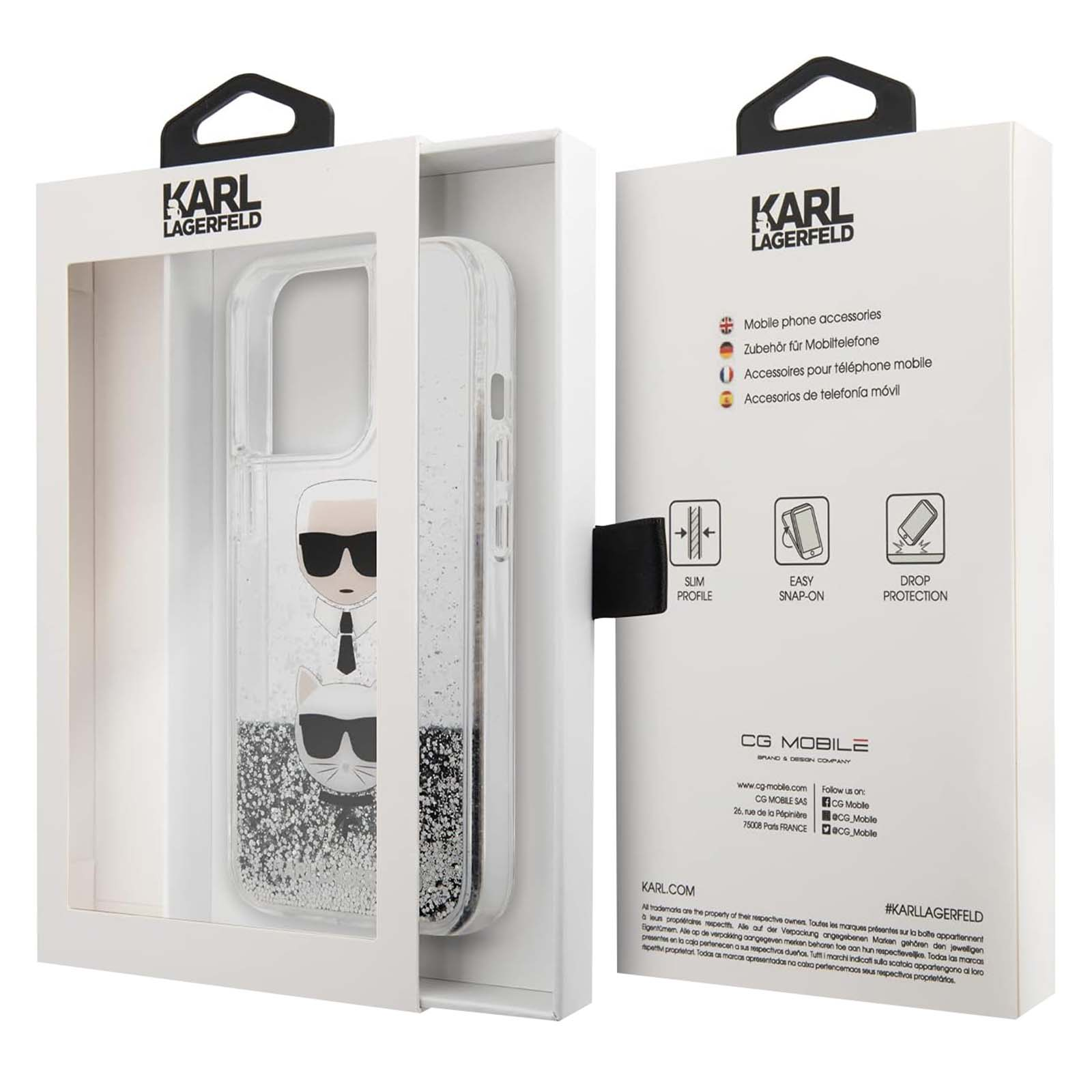 Eine Handyhülle in einer Box. Die Hülle hat ein Karl Lagerfeld-Design. Die Verpackung zeigt Produktdetails.