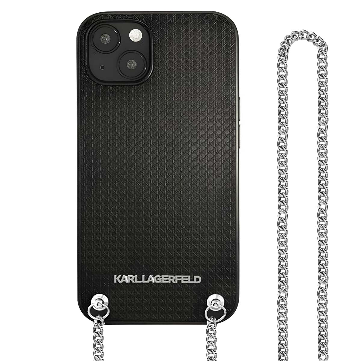 Czarny pokrowiec na telefon ze srebrnym łańcuszkiem. Etui ma markę Karl Lagerfeld.