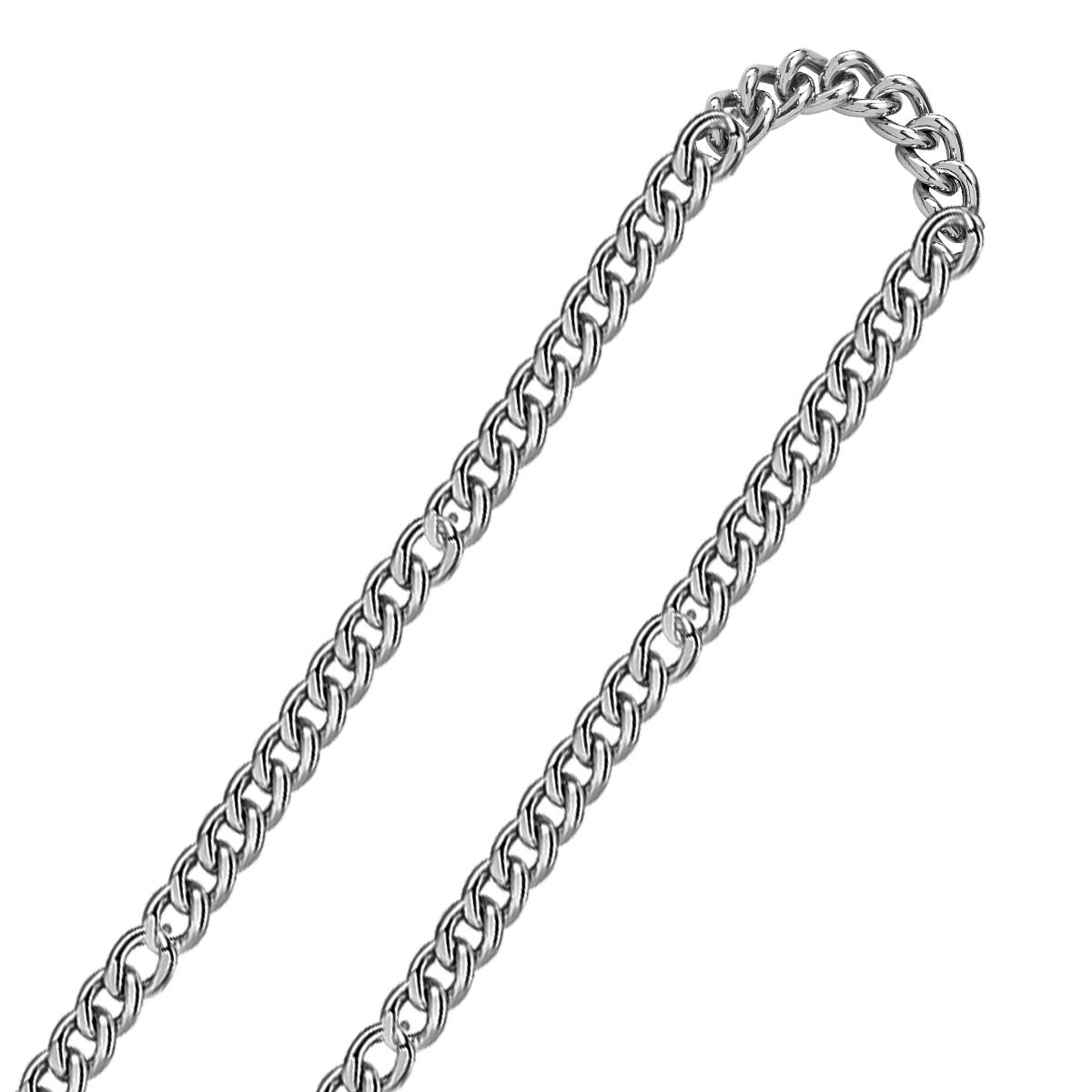 Srebrny łańcuch z przeplatanymi ogniwami na białym tle. Łańcuch jest zakrzywiony, sugerując naszyjnik lub bransoletkę.