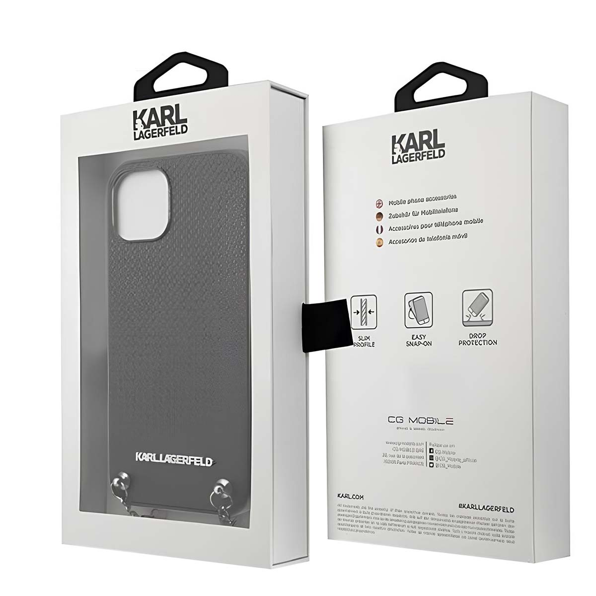 Etui na telefon Karl Lagerfeld w białym pudełku. Etui jest szare i widoczne przez przezroczyste okno.