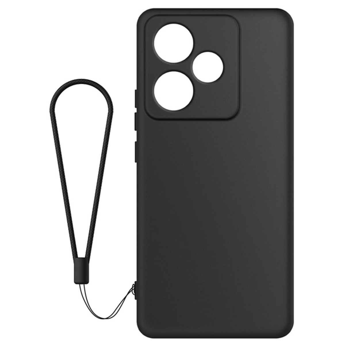 Zwarte telefoonhoes met drie cameralenzen en een polsbandje. Het bandje is zwart en bevestigd aan de hoes.