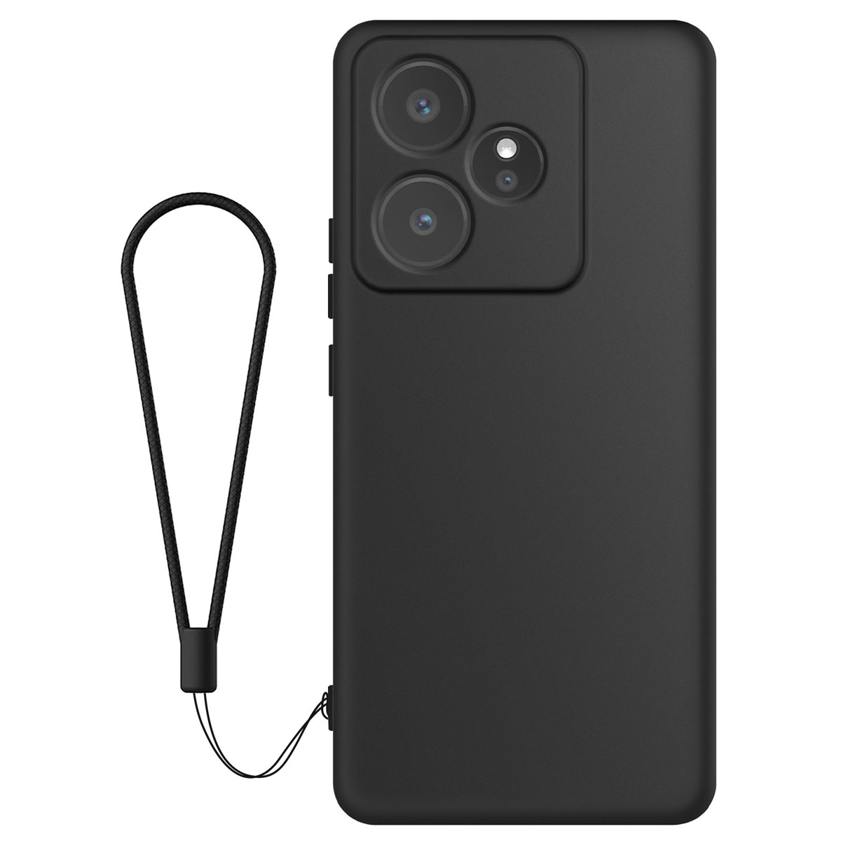 Zwarte telefoonhoes met drie cameralenzen. Er is een zwart koord bevestigd. De achtergrond is wit.