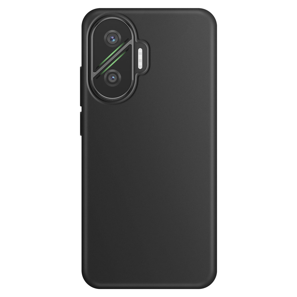 Coque de téléphone noire avec objectifs d'appareil photo et flash. La coque est rectangulaire avec des coins arrondis. Les objectifs sont verticaux.