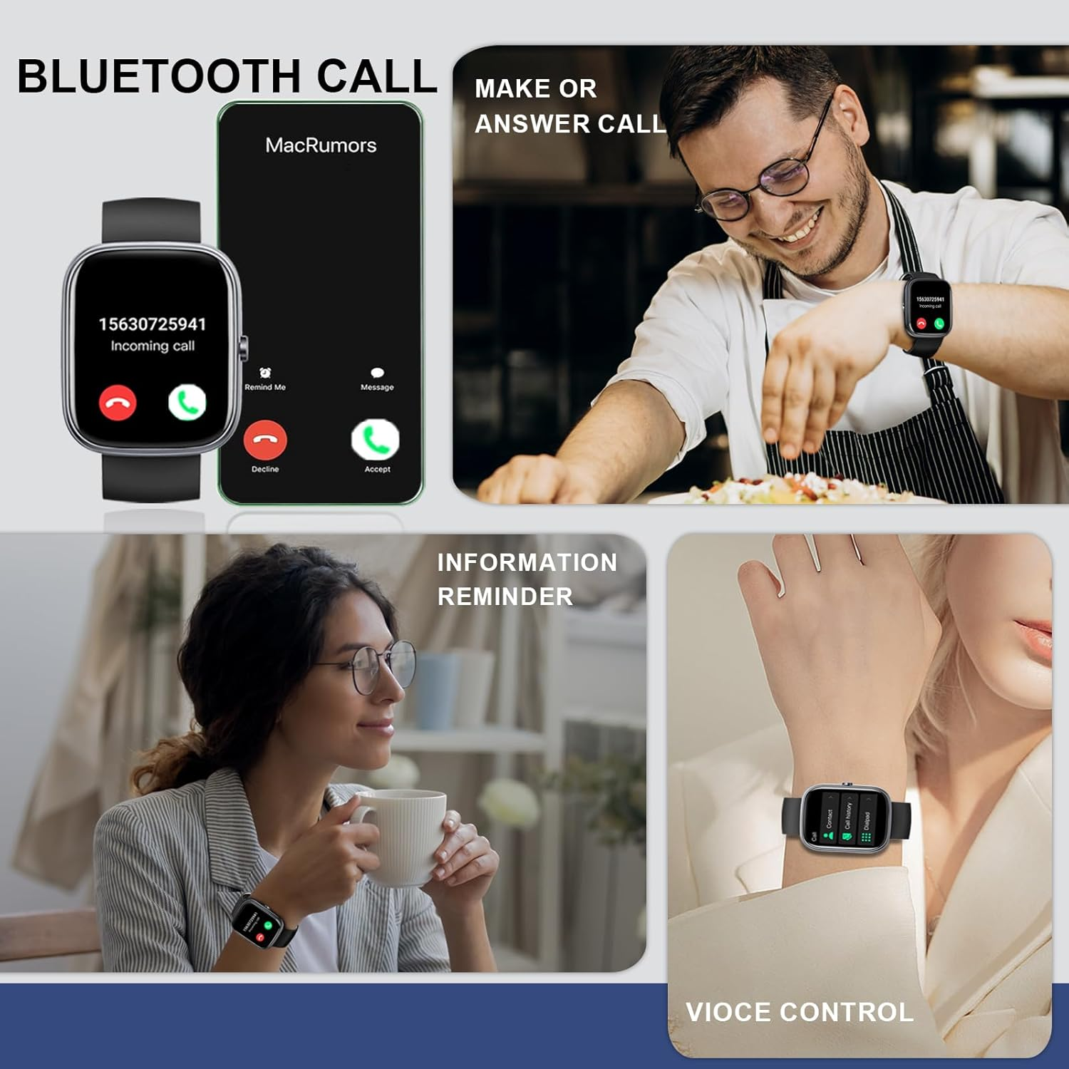 Zdjęcie przedstawia smartwatch z funkcjami połączeń, w tym odbieraniem i wykonywaniem połączeń. Osoby wchodzące w interakcje ze smartwatchami.