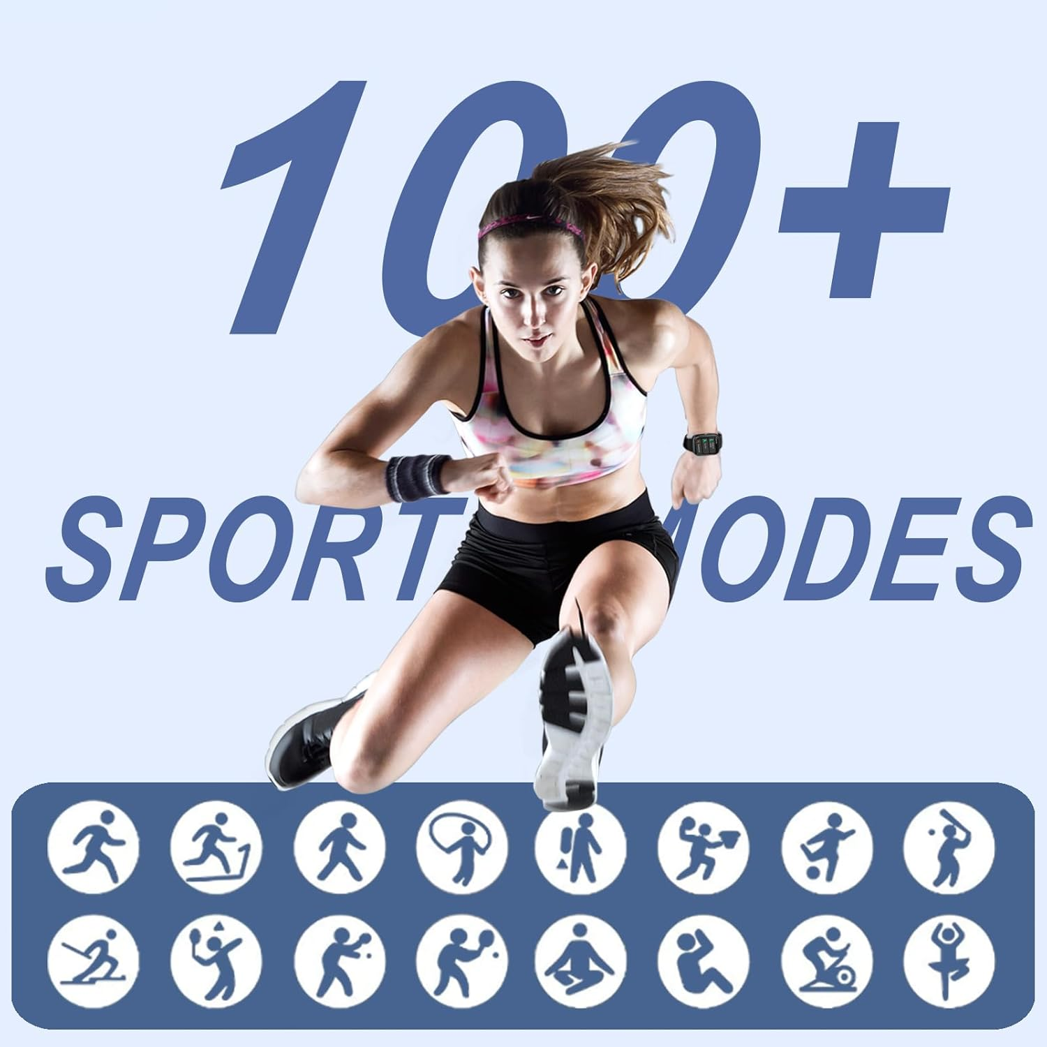 Kobieta w stroju sportowym skacze, z tekstem '100+ Trybów Sportowych'. Ikony różnych sportów na dole, tracker fitness na nadgarstku.