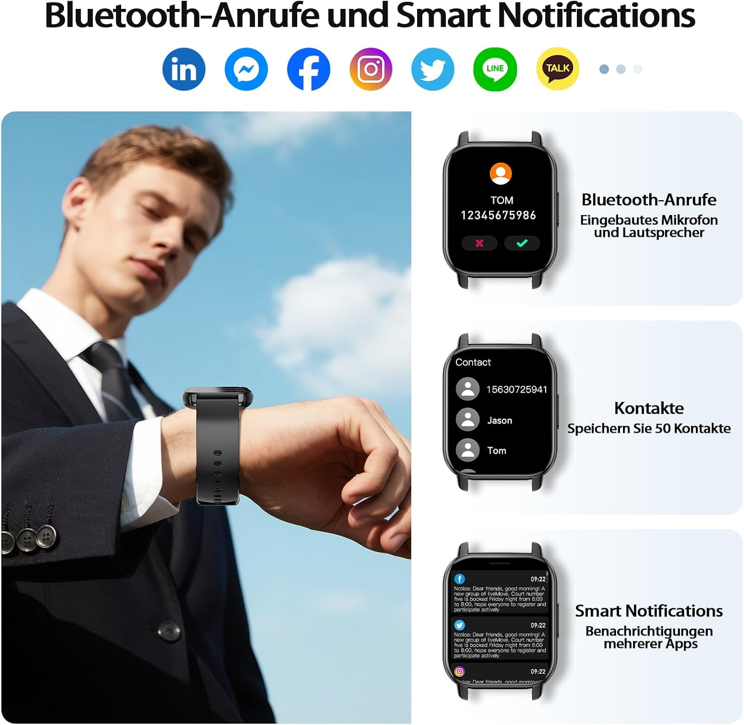 Mężczyzna noszący smartwatch. Zegarek wyświetla funkcje połączeń i kontaktów, z powiadomieniami aplikacji. Tłem jest niebo.