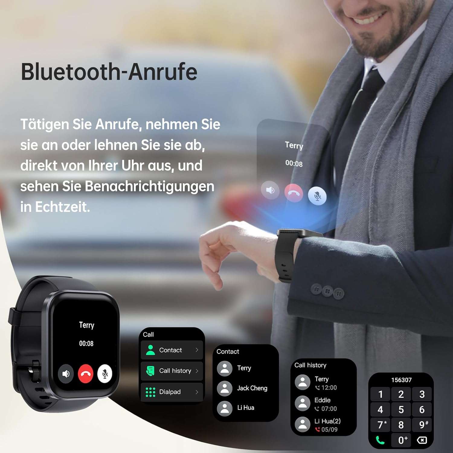 Un hombre con un reloj inteligente realiza una llamada Bluetooth. El reloj muestra información de llamadas, lista de contactos y opciones de teclado.