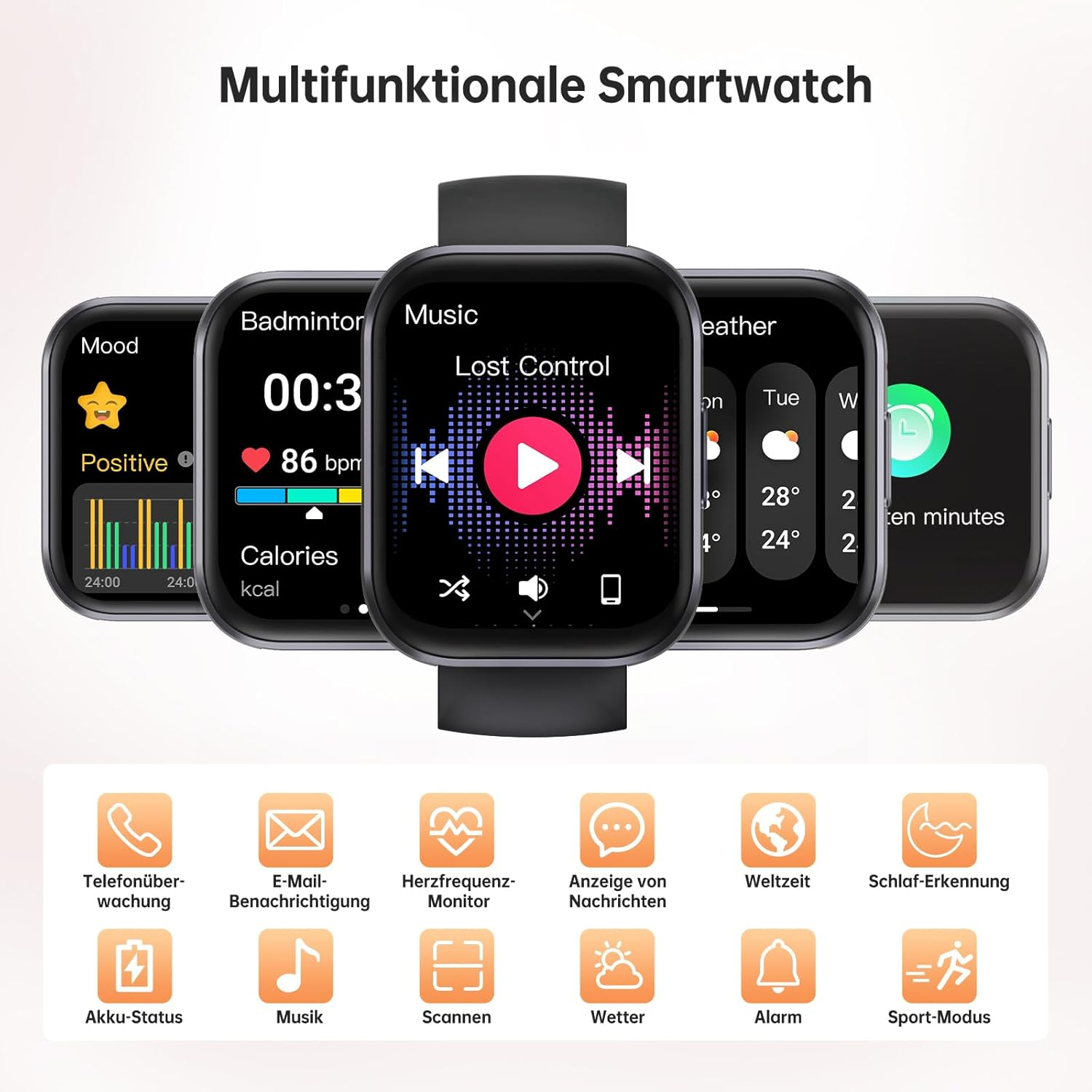 Smartwatch wyświetla funkcje takie jak nastrój, muzyka, pogoda i sport. Posiada ikony telefonu, e-mail, tętna i inne.