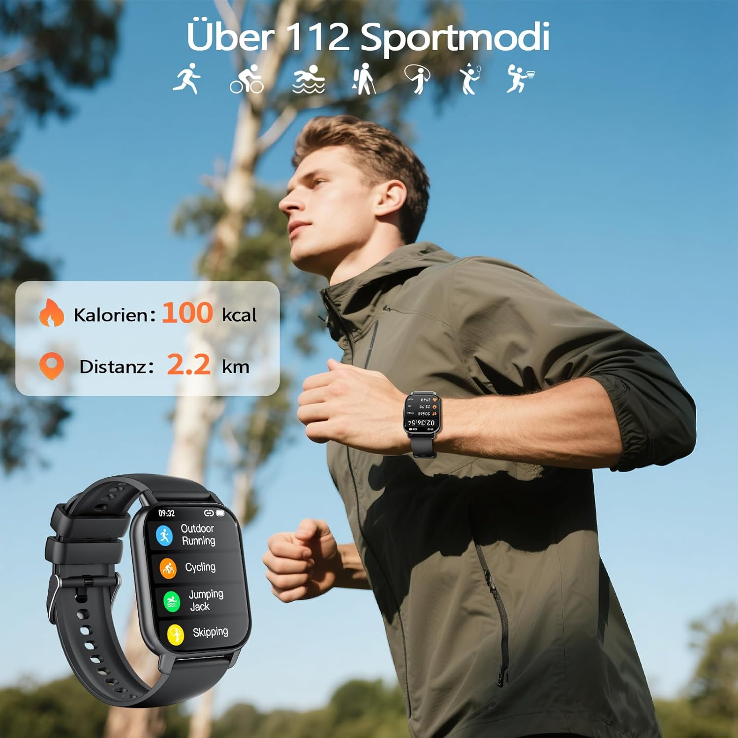 Mężczyzna biegnie, ma na sobie smartwatch. Zegarek pokazuje dane aktywności. Tekst wskazuje spalone kalorie i przebytą odległość.