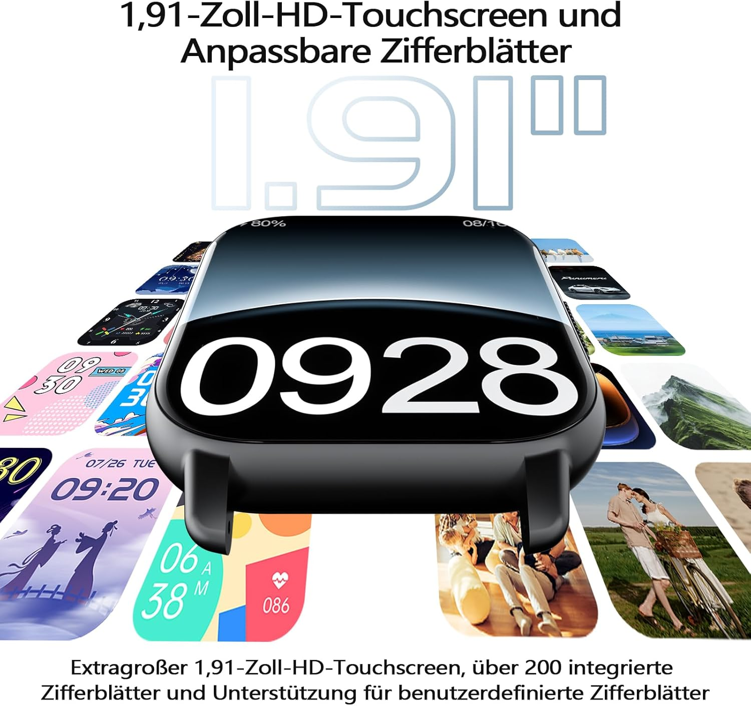 Czarny smartwatch wyświetla godzinę '0928'. Otaczają go różne tarcze zegarków. U góry tekst '1.91-Zoll-HD-Touchscreen'.