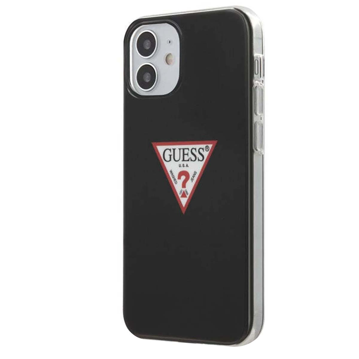 Una custodia per telefono nera con logo Guess. Il telefono ha una fotocamera argentata e un bordo trasparente.