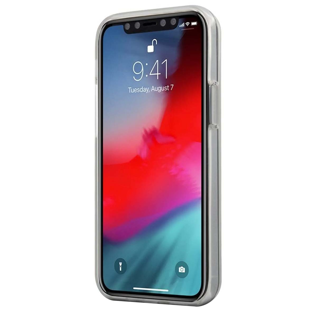 Uno smartphone, che mostra le 9:41 sullo schermo, racchiuso in una cover protettiva trasparente. Lo sfondo è un mix di rosso e blu.