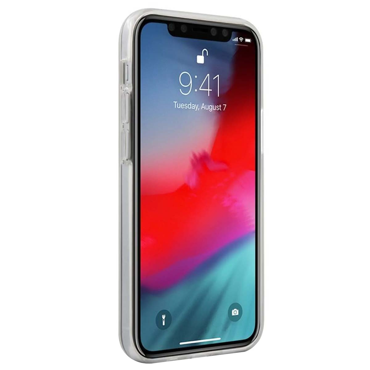 Un iPhone mostra l'ora 9:41 martedì 7 agosto. Lo schermo mostra una sfumatura rossa e blu, racchiusa in una custodia trasparente.