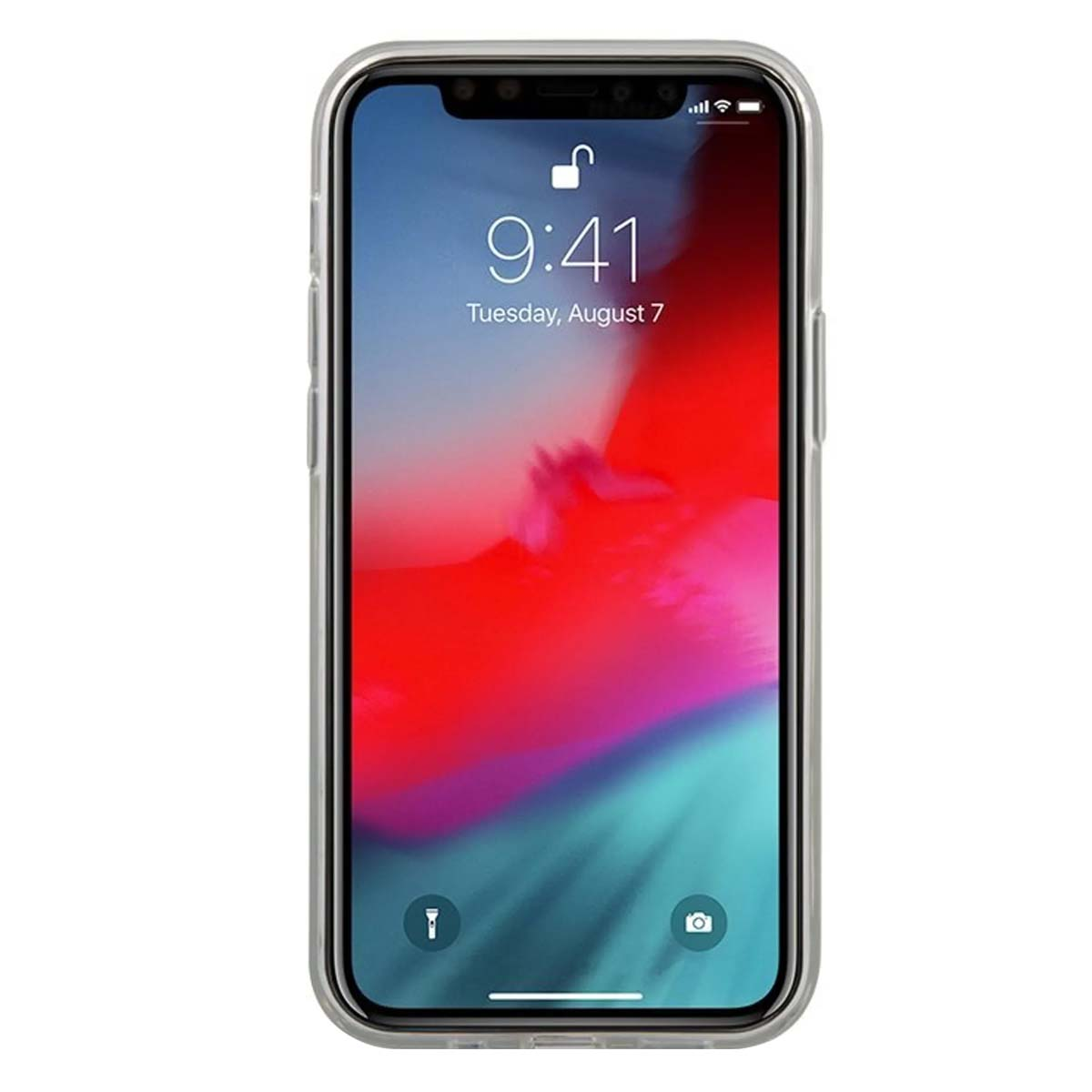 Un iPhone mostra le 9:41 di martedì 7 agosto. Lo schermo mostra uno sfondo rosso e blu. È in una custodia trasparente.