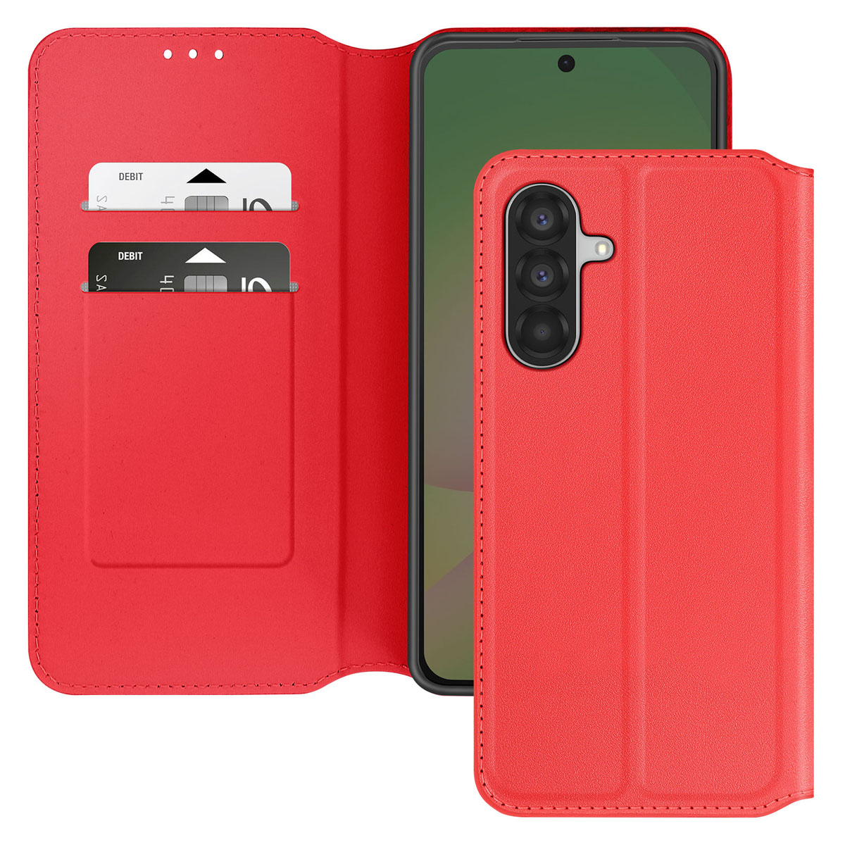 Custodia rossa del telefono aperta, che rivela un telefono e carte di credito. La custodia ha chiusura magnetica e fessure.